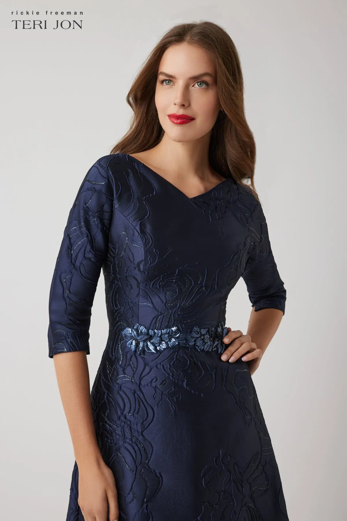 Floral Metallic Jaquard A Line Beaded Belt Gown sold by Teri Jon product image thumbnail 2