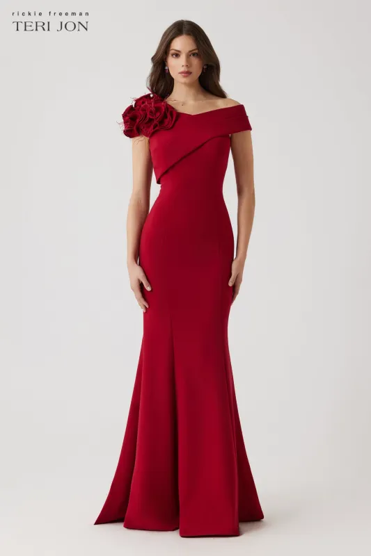 Crepe Asymmetrical Flower Feather Gown sold by Teri Jon