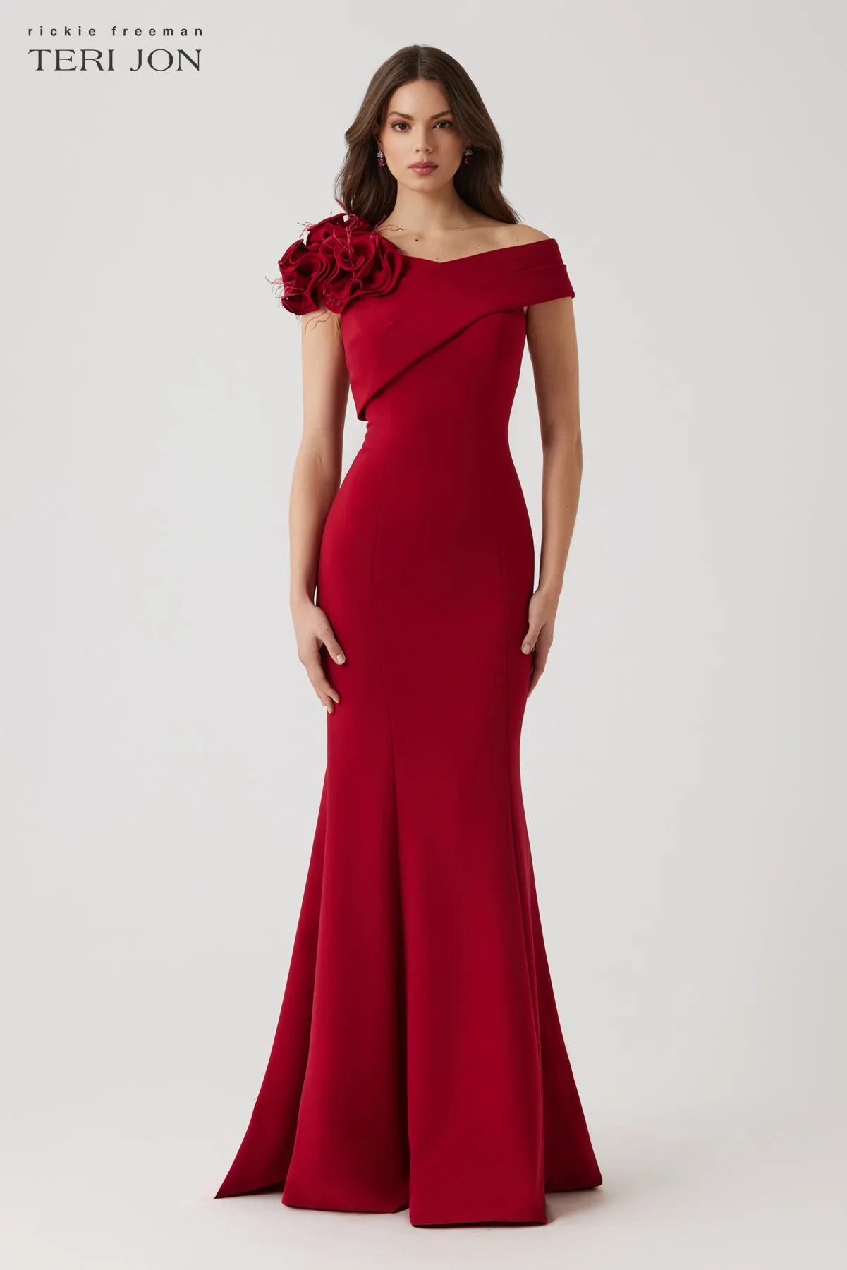 Crepe Asymmetrical Flower Feather Gown sold by Teri Jon