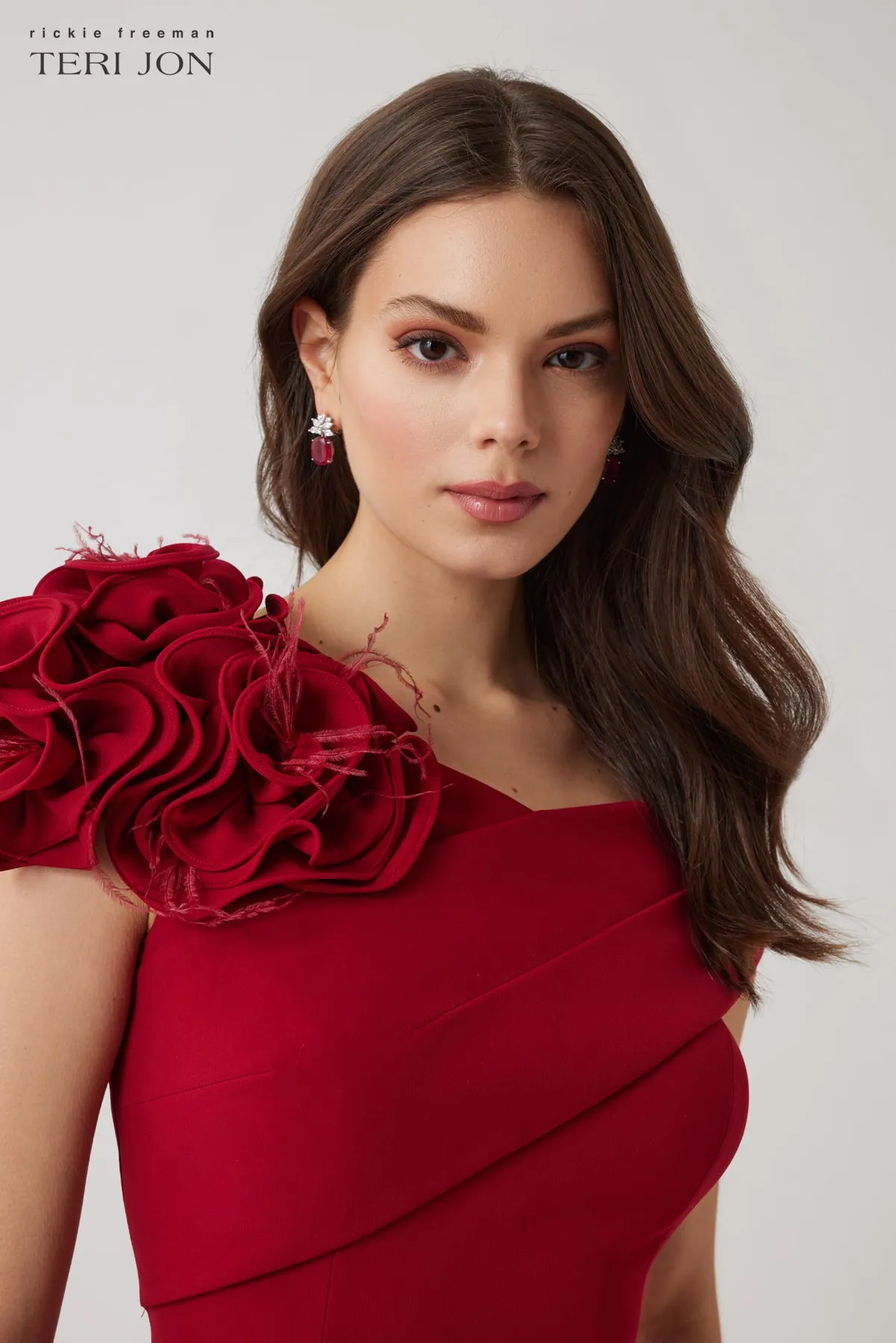 Crepe Asymmetrical Flower Feather Gown sold by Teri Jon product image thumbnail 2