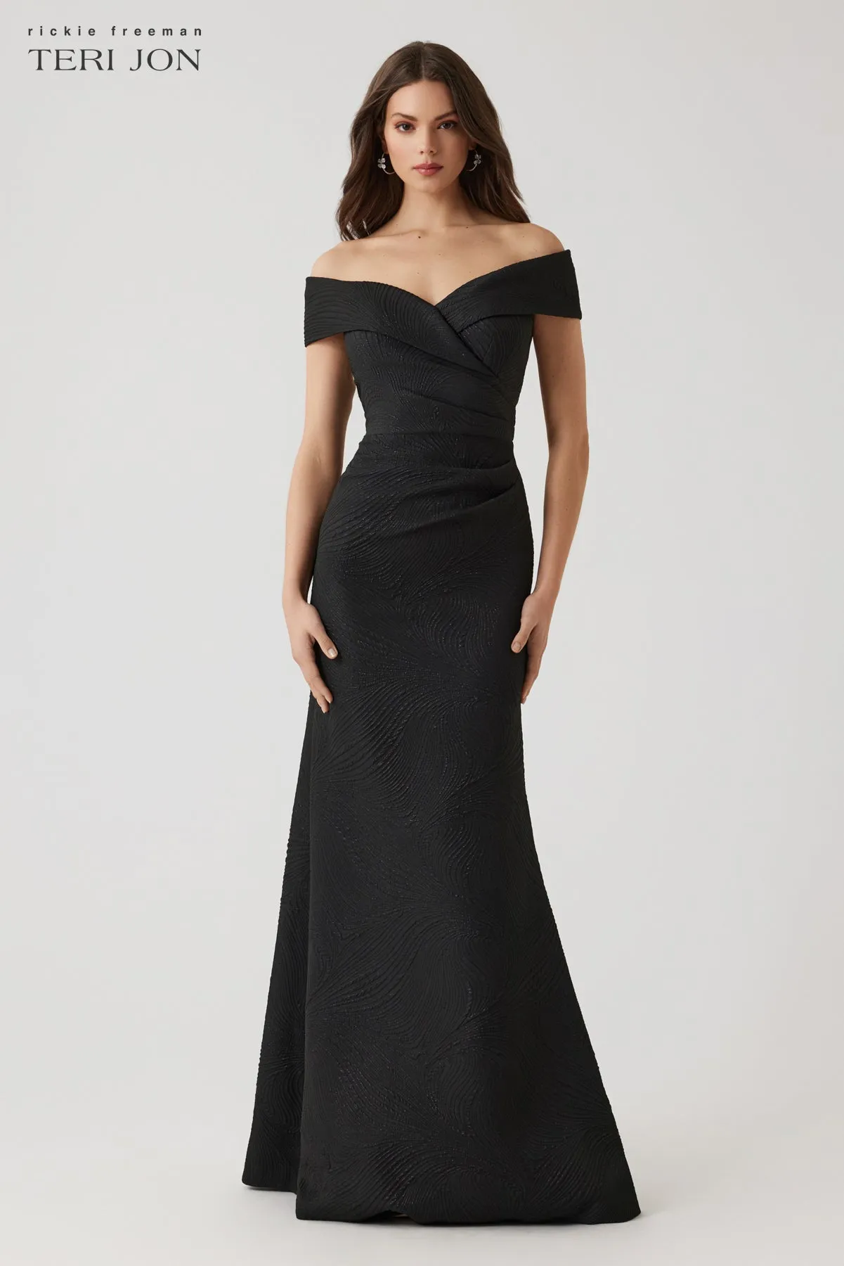 Metallic Jacquard Wavy Pattern Portrait Gown sold by Teri Jon