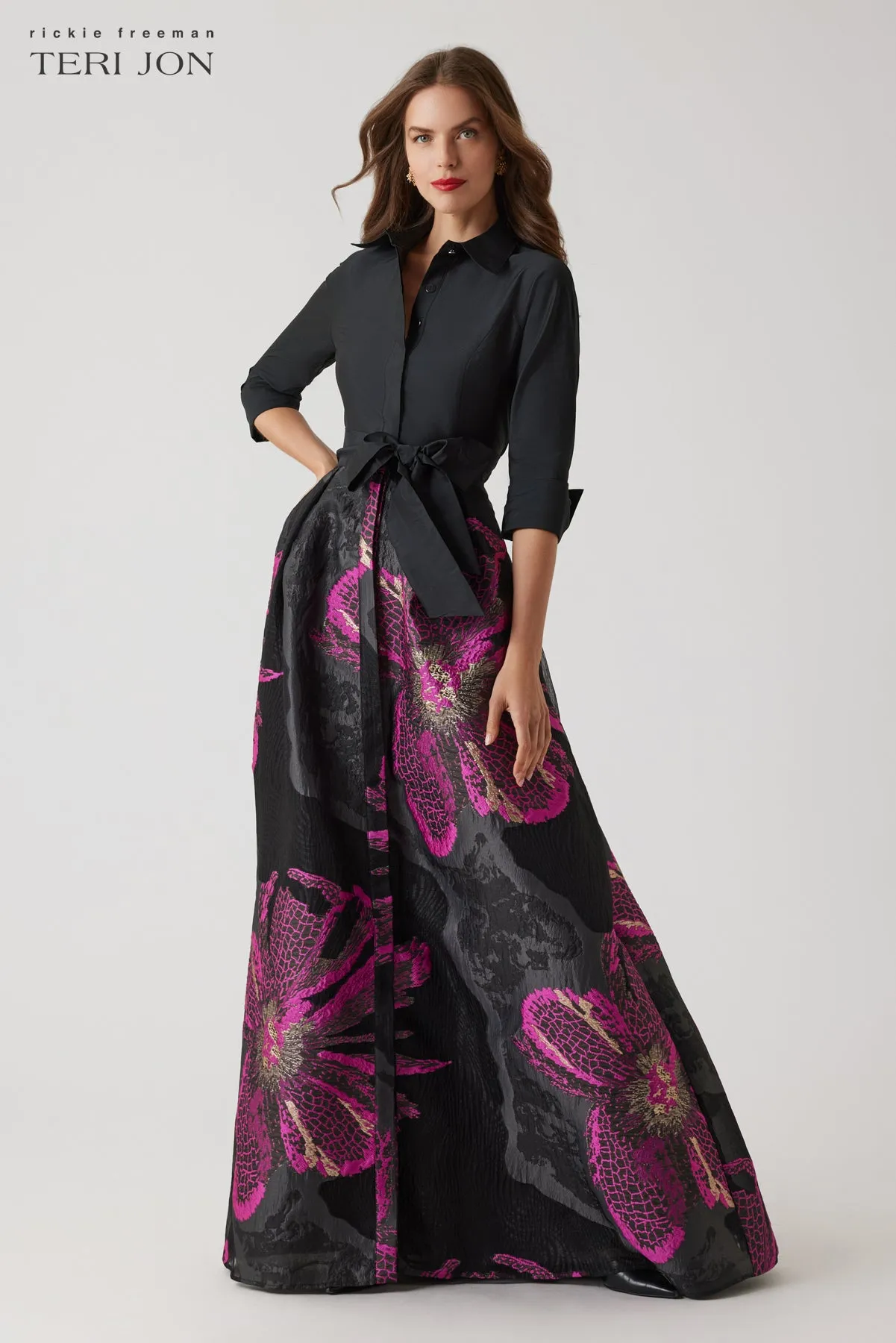 Metallic Taffeta Floral Organza Shirt Waist Gown sold by Teri Jon product image thumbnail 2