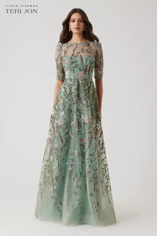 Embroidered Tulle 3/4 Sleeve Gown sold by Teri Jon