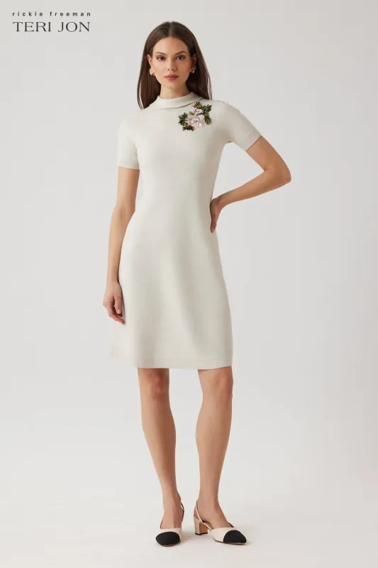 Double Knit Cowl Neck Beaded Flower Dress sold by Teri Jon