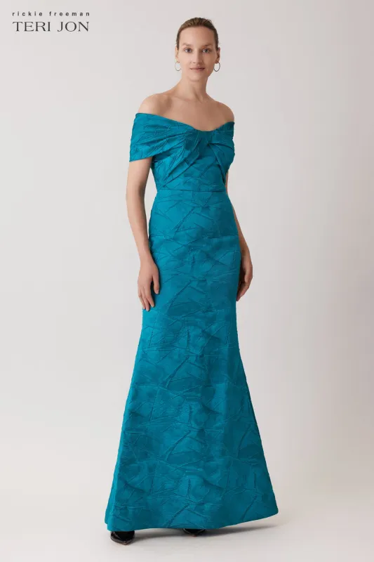 Textured Jacquard Off The Shoulder Twist Bodice Gown sold by Teri Jon