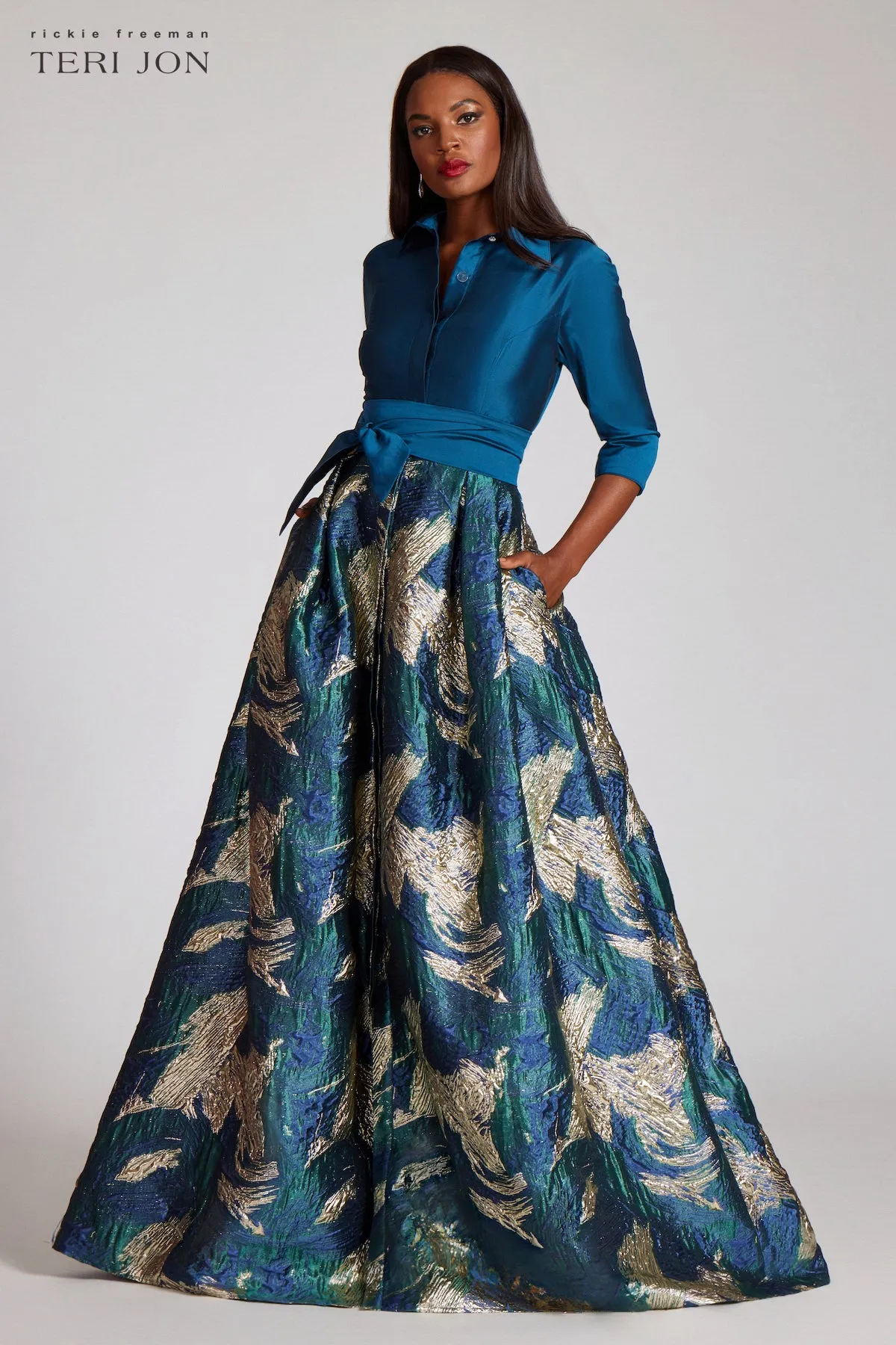 Taffeta Shirt Gown With Metallic Jacquard Skirt sold by Teri Jon