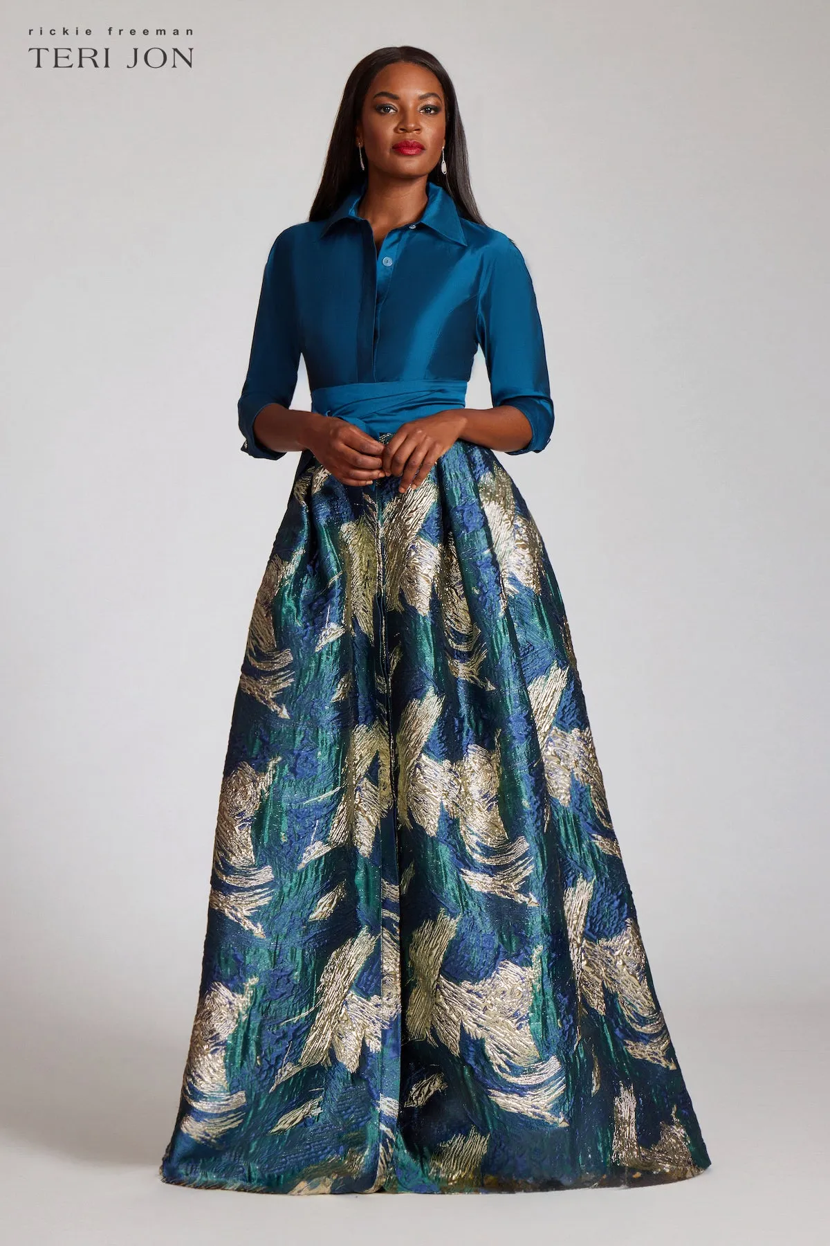 Taffeta Shirt Gown With Metallic Jacquard Skirt sold by Teri Jon product image thumbnail 5