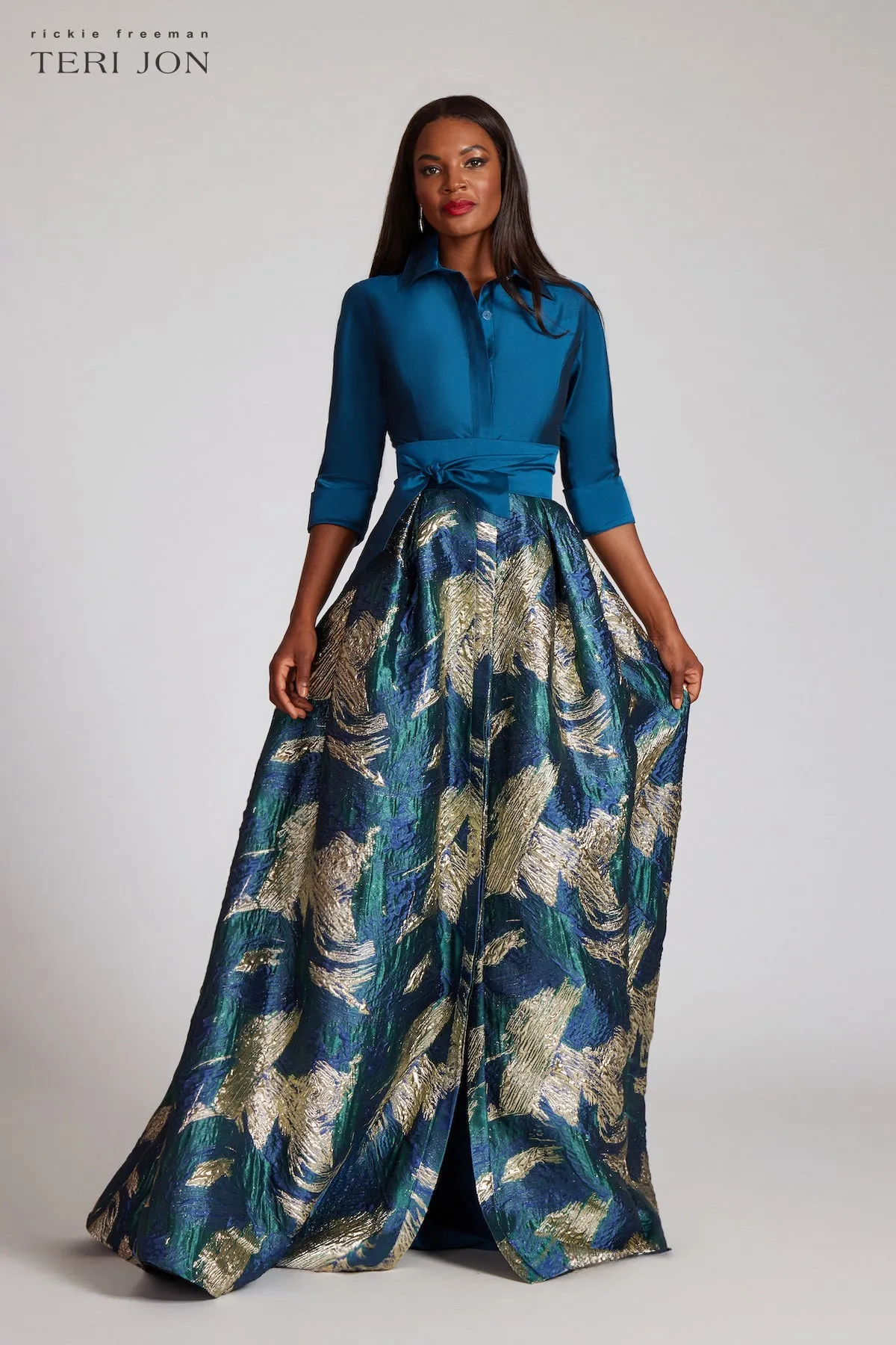 Taffeta Shirt Gown With Metallic Jacquard Skirt sold by Teri Jon product image thumbnail 4