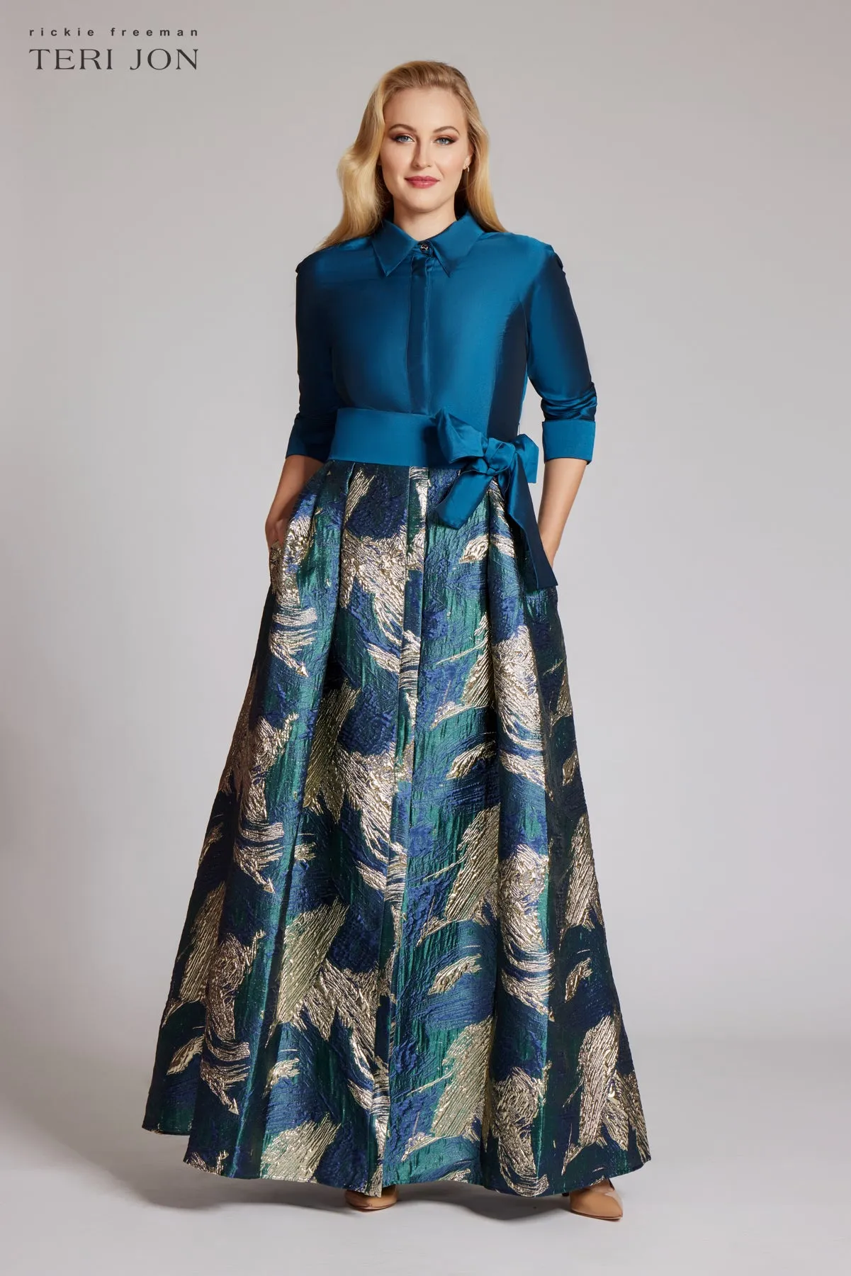Taffeta Shirt Gown With Metallic Jacquard Skirt sold by Teri Jon product image thumbnail 2