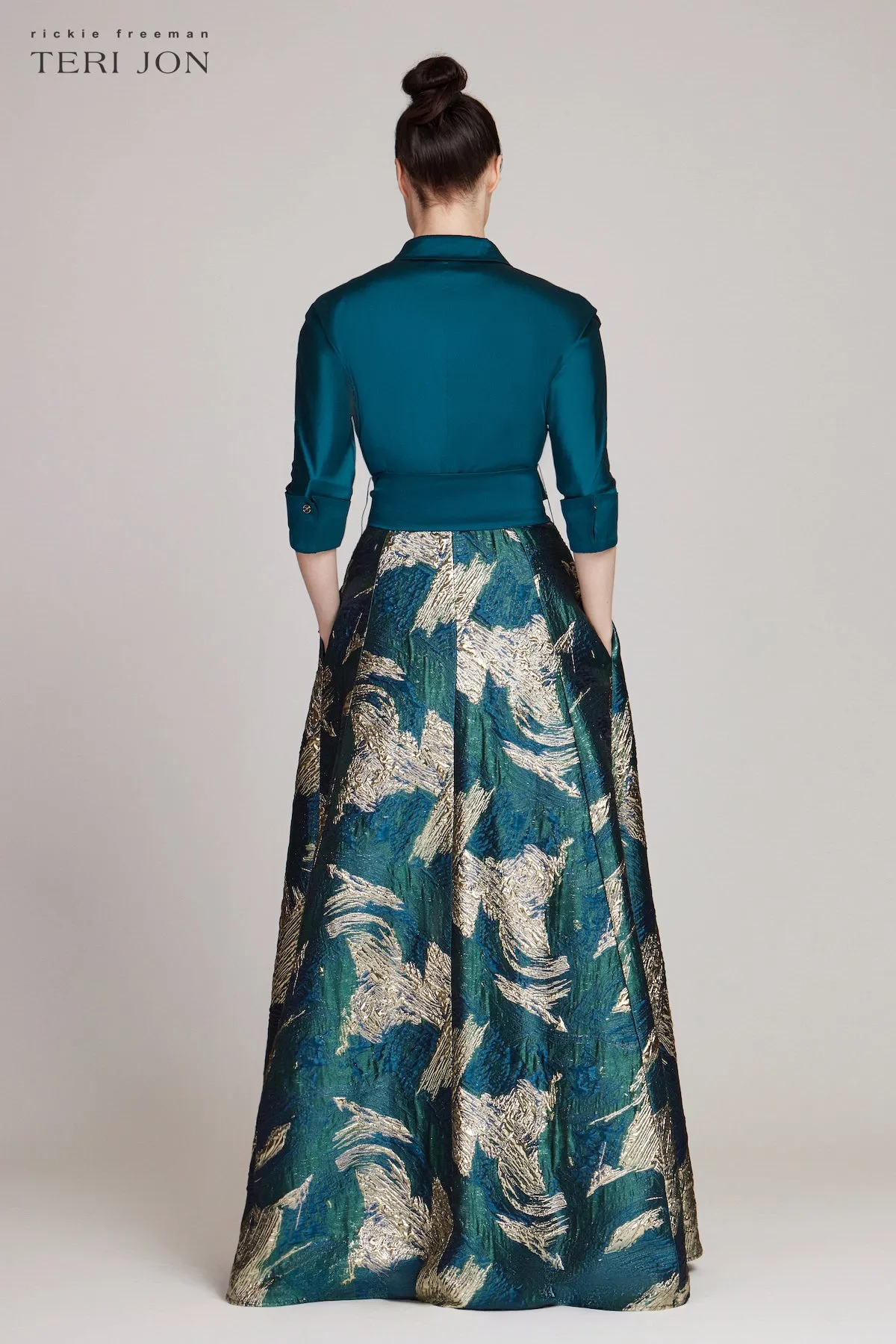 Taffeta Shirt Gown With Metallic Jacquard Skirt sold by Teri Jon product image thumbnail 3