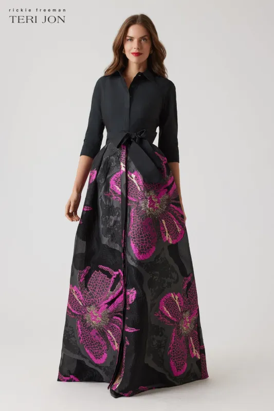 Metallic Taffeta Large Floral Organza Shirt Waist Gown sold by Teri Jon