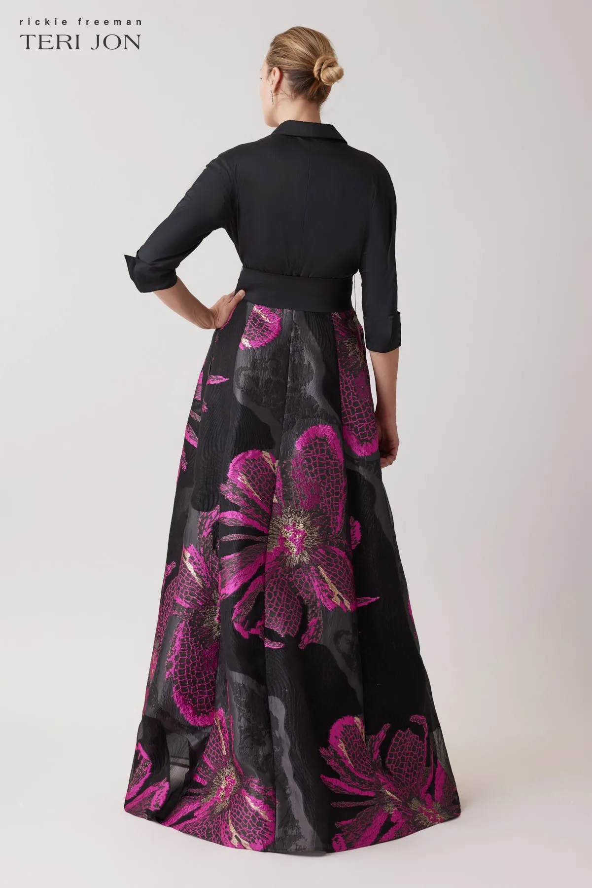 Metallic Taffeta Large Floral Organza Shirt Waist Gown sold by Teri Jon product image thumbnail 4