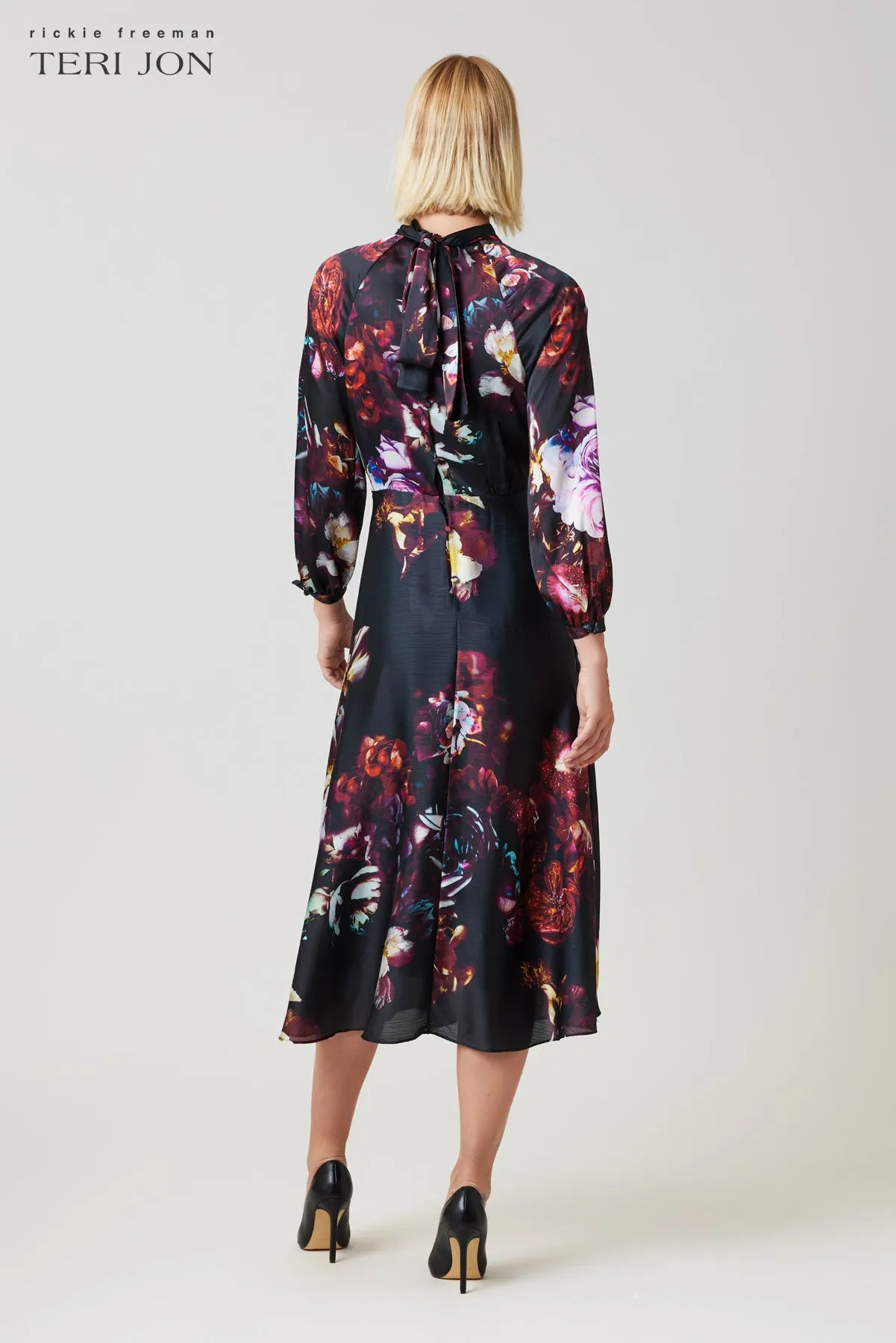 Twill Floral Tie Neck Puff Sleeve Dress sold by Teri Jon product image thumbnail 2