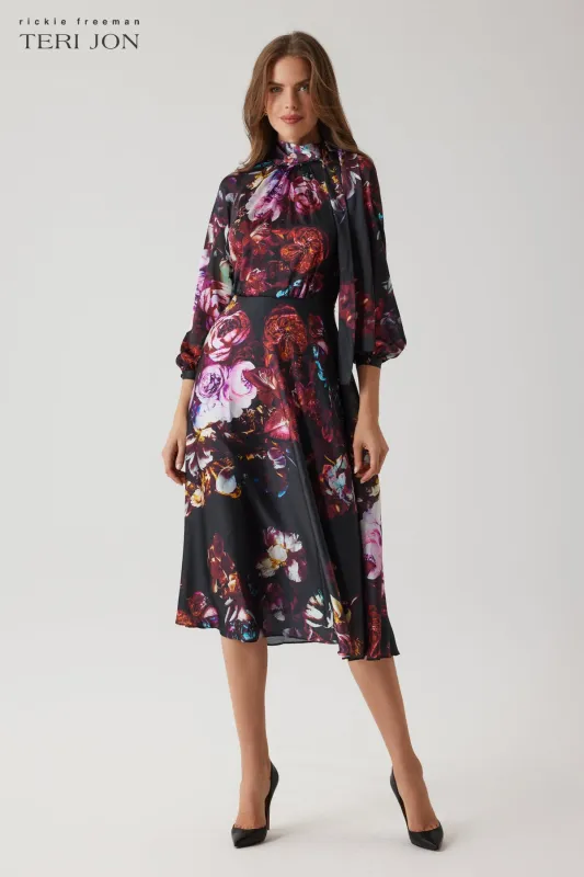 Twill Floral Tie Neck Puff Sleeve Dress sold by Teri Jon