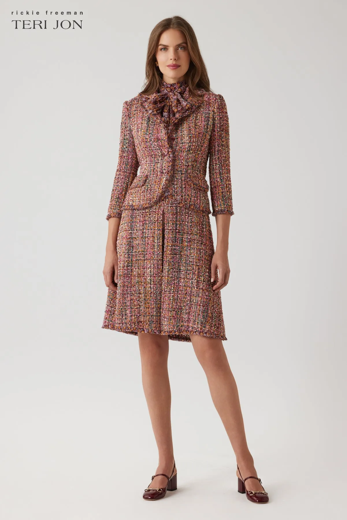 Chiffon Tie Neck Top Boucle Skirt Dress sold by Teri Jon product image thumbnail 3