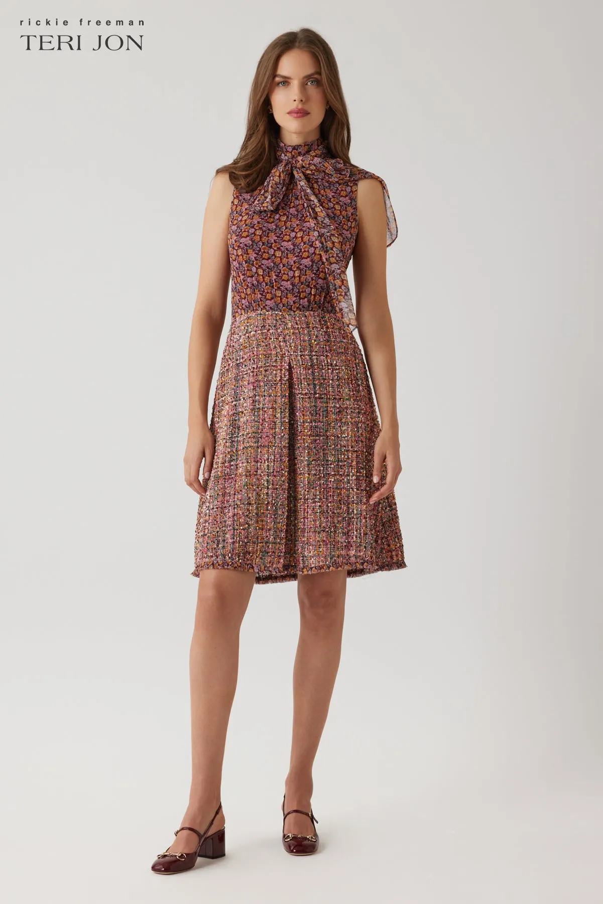 Chiffon Tie Neck Top Boucle Skirt Dress sold by Teri Jon