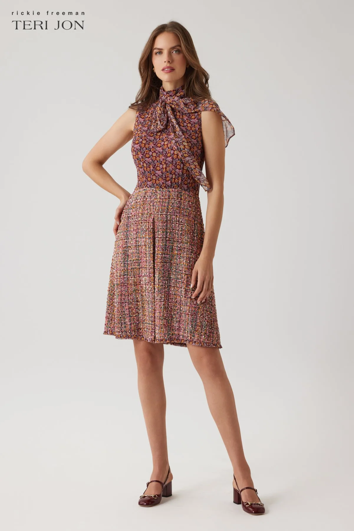 Chiffon Tie Neck Top Boucle Skirt Dress sold by Teri Jon product image thumbnail 2