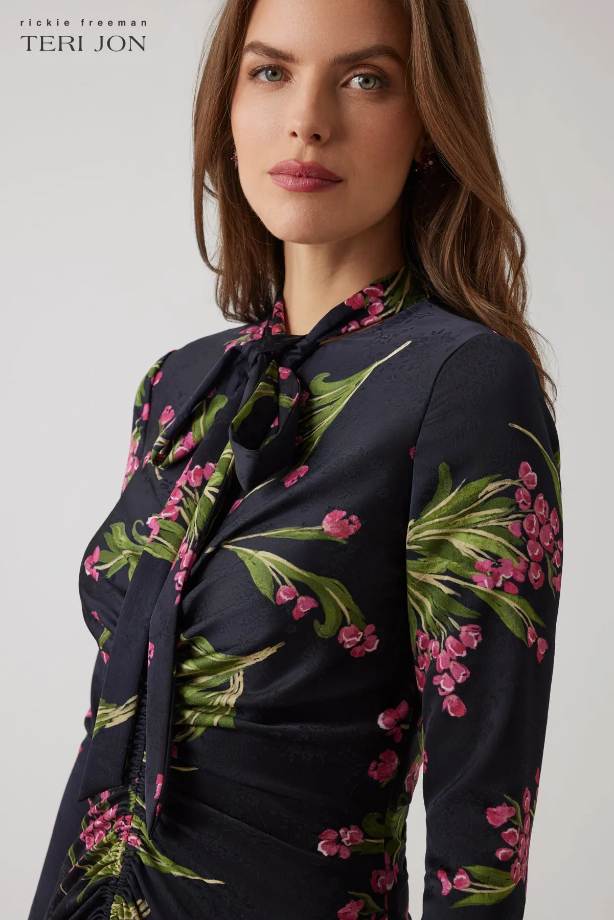 Twill Floral Tie Neck Ruched Dress sold by Teri Jon product image thumbnail 3