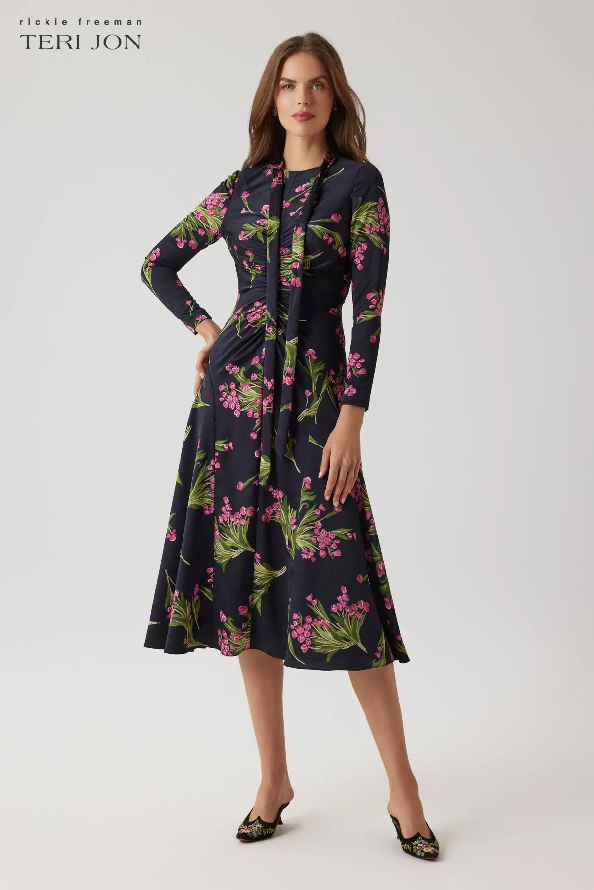 Twill Floral Tie Neck Ruched Dress sold by Teri Jon product image thumbnail 2