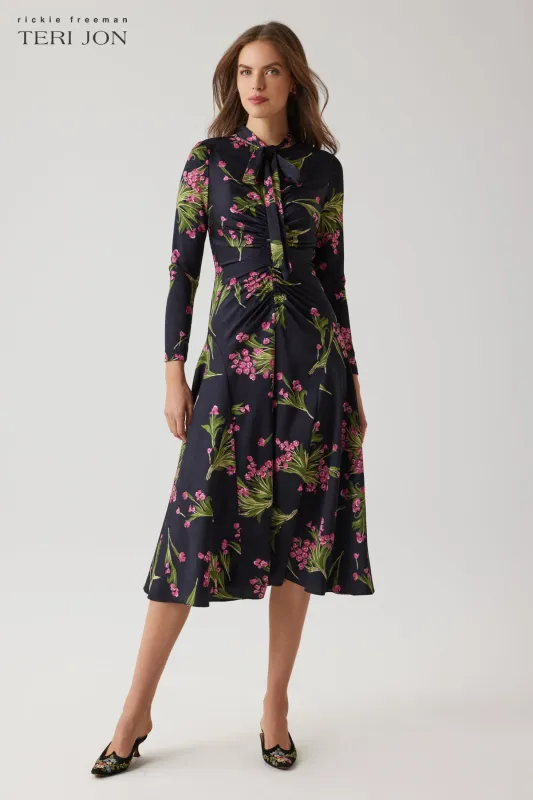 Twill Floral Tie Neck Ruched Dress sold by Teri Jon