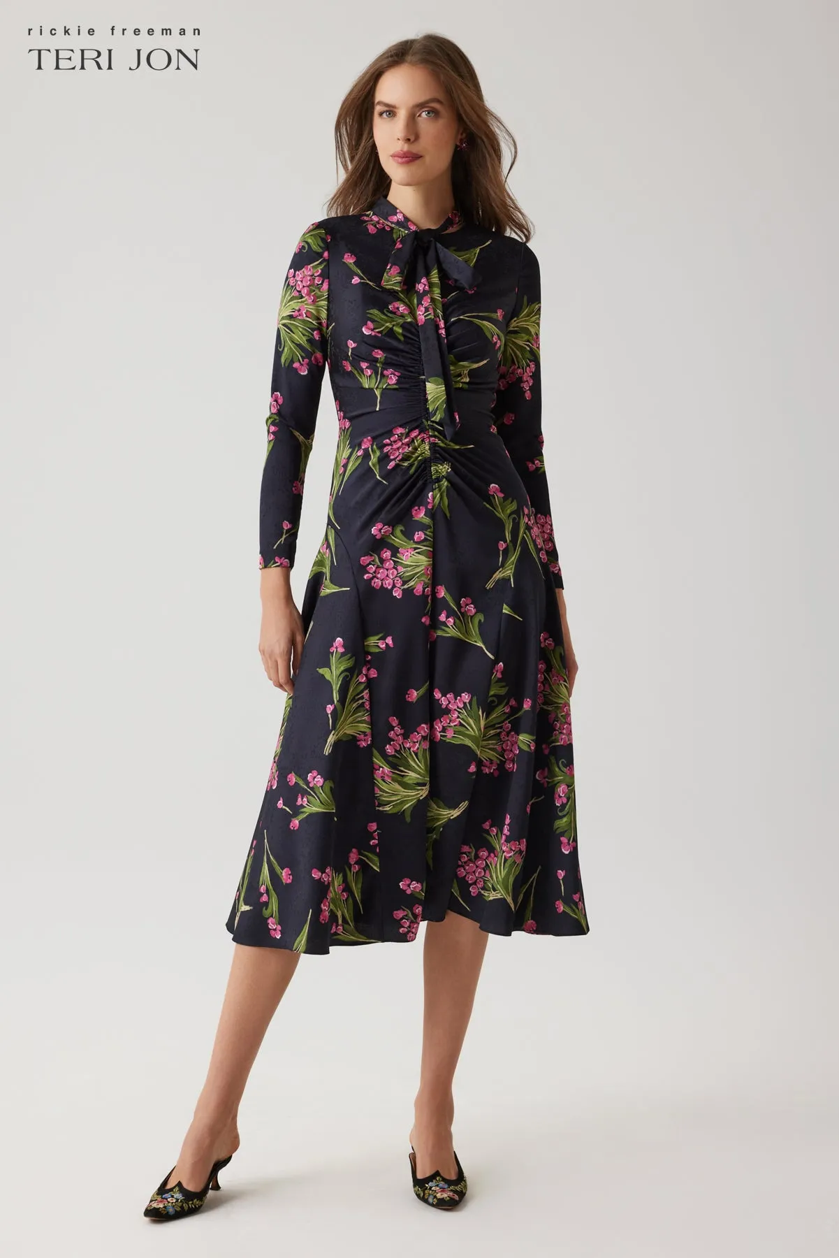 Twill Floral Tie Neck Ruched Dress sold by Teri Jon