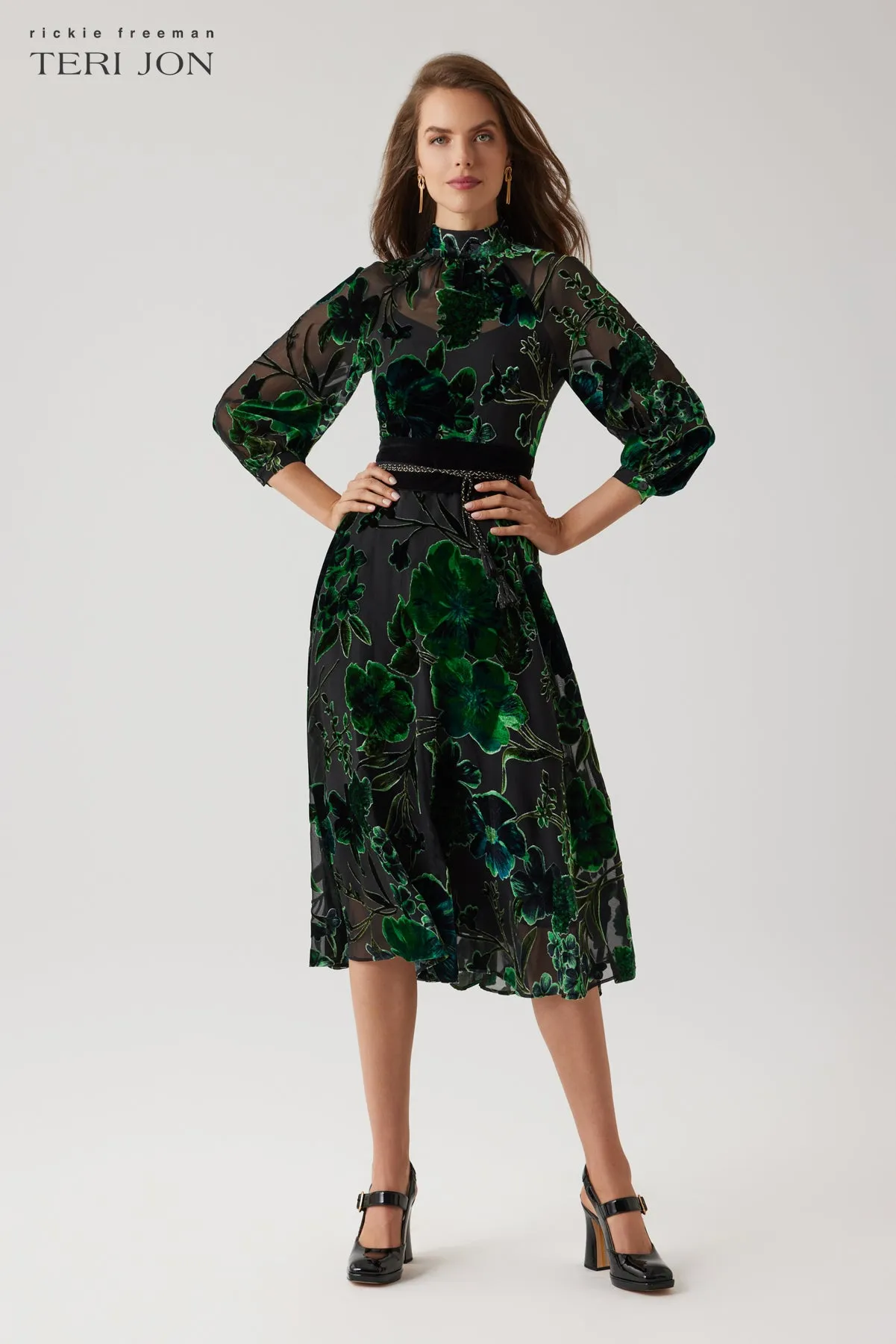 Velvet Burnout Floral Belted Dress sold by Teri Jon product image thumbnail 2