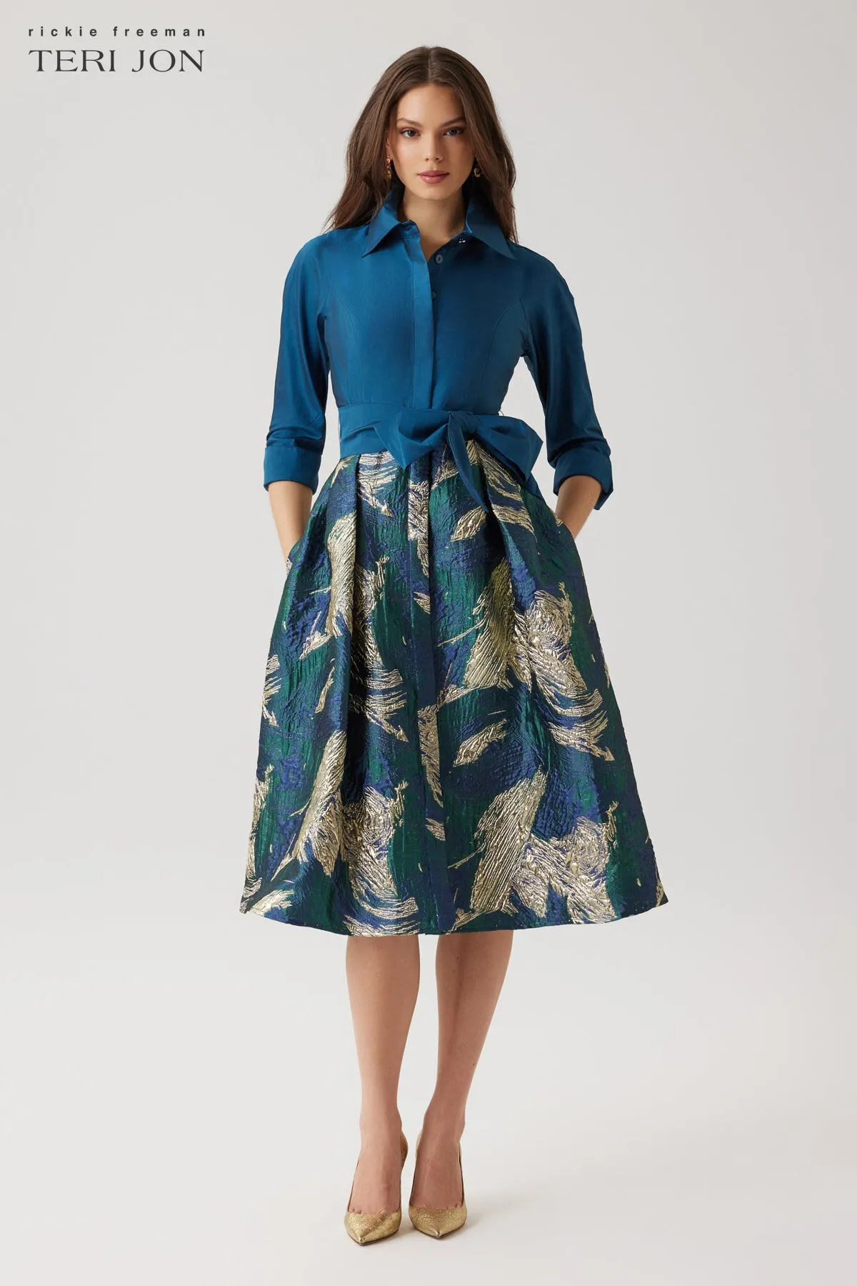 Taffeta Shirt Dress With Metallic Jacquard Skirt sold by Teri Jon