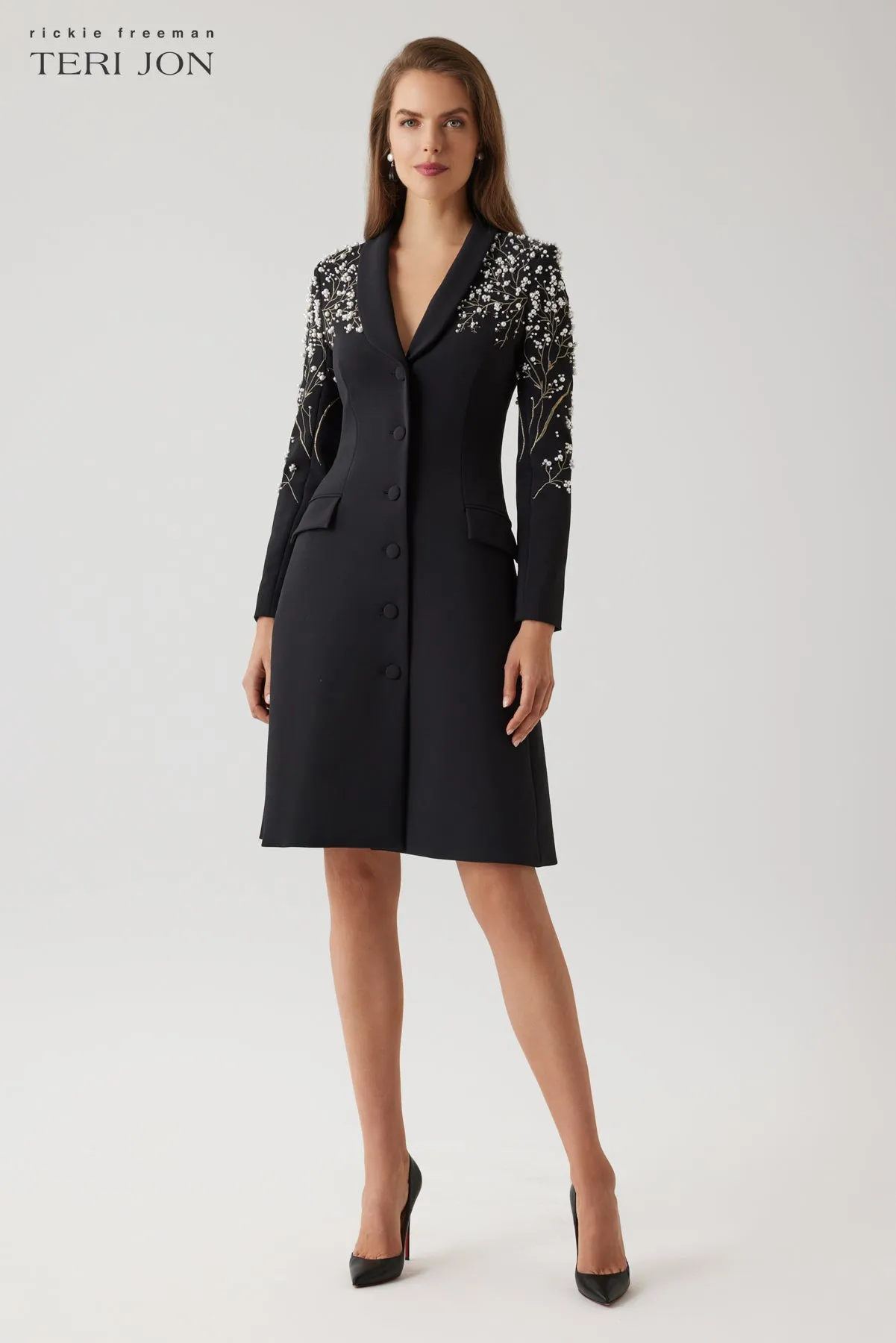 Crepe Pearl Floral Applique Blazer Dress sold by Teri Jon