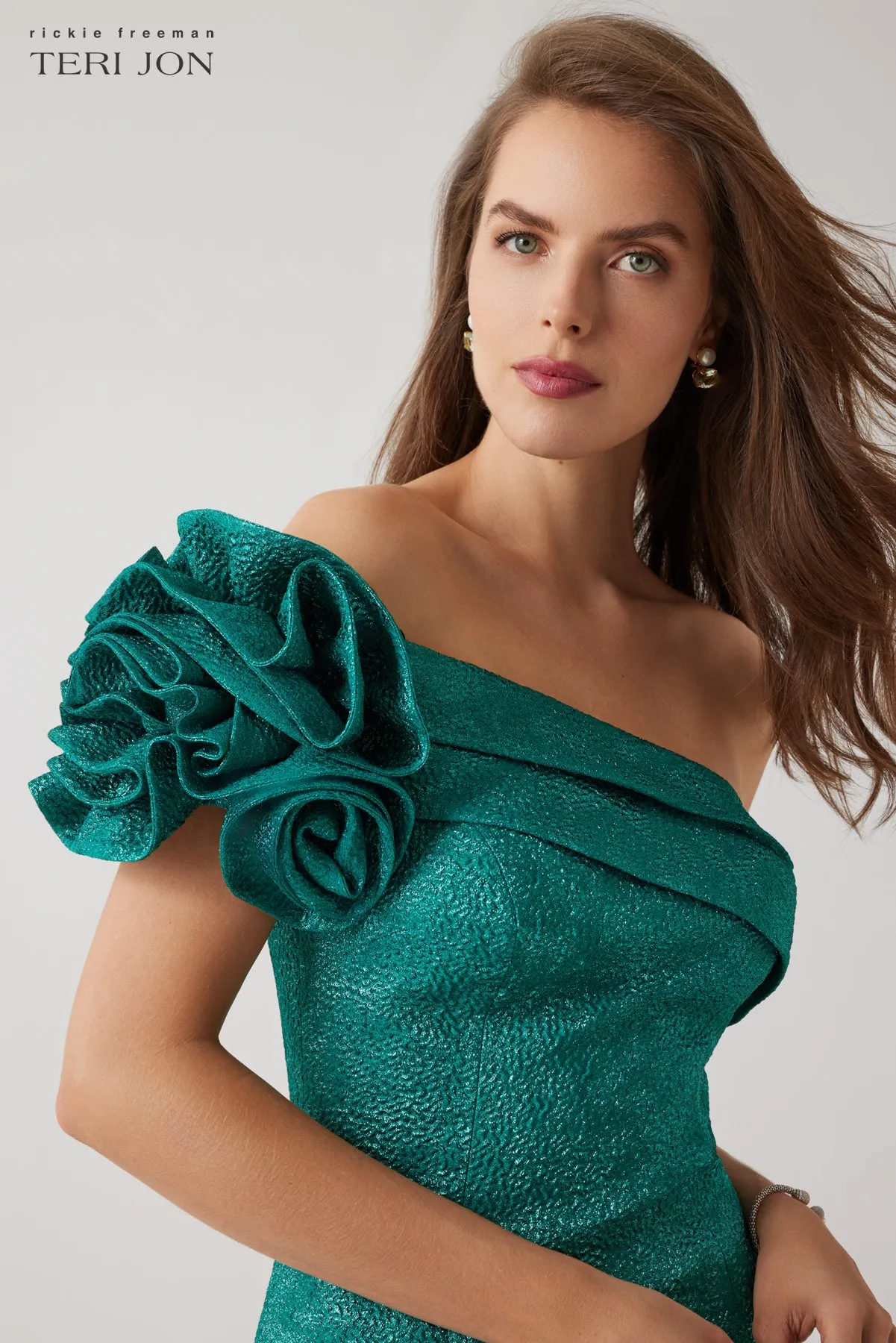 Metallic Pebble Jacquard One Shoulder Flower Ruffle Dress sold by Teri Jon product image thumbnail 3