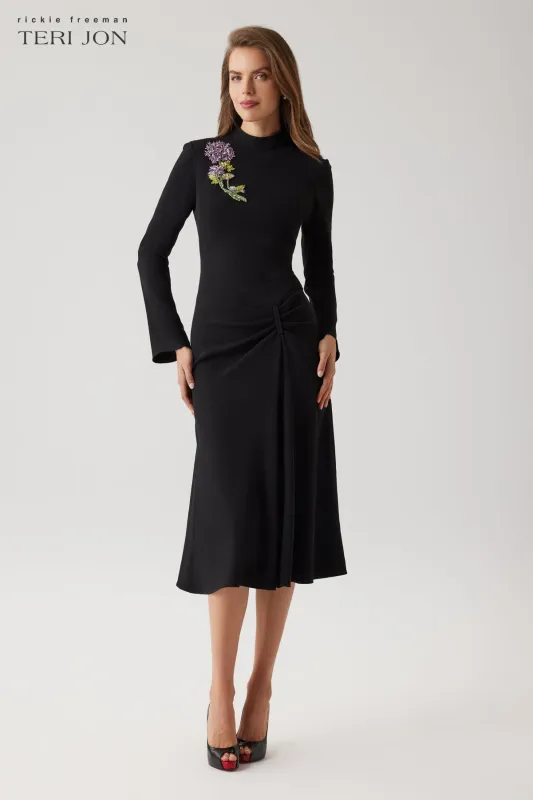 Crepe Flower Embellished Mock Neck Dress sold by Teri Jon