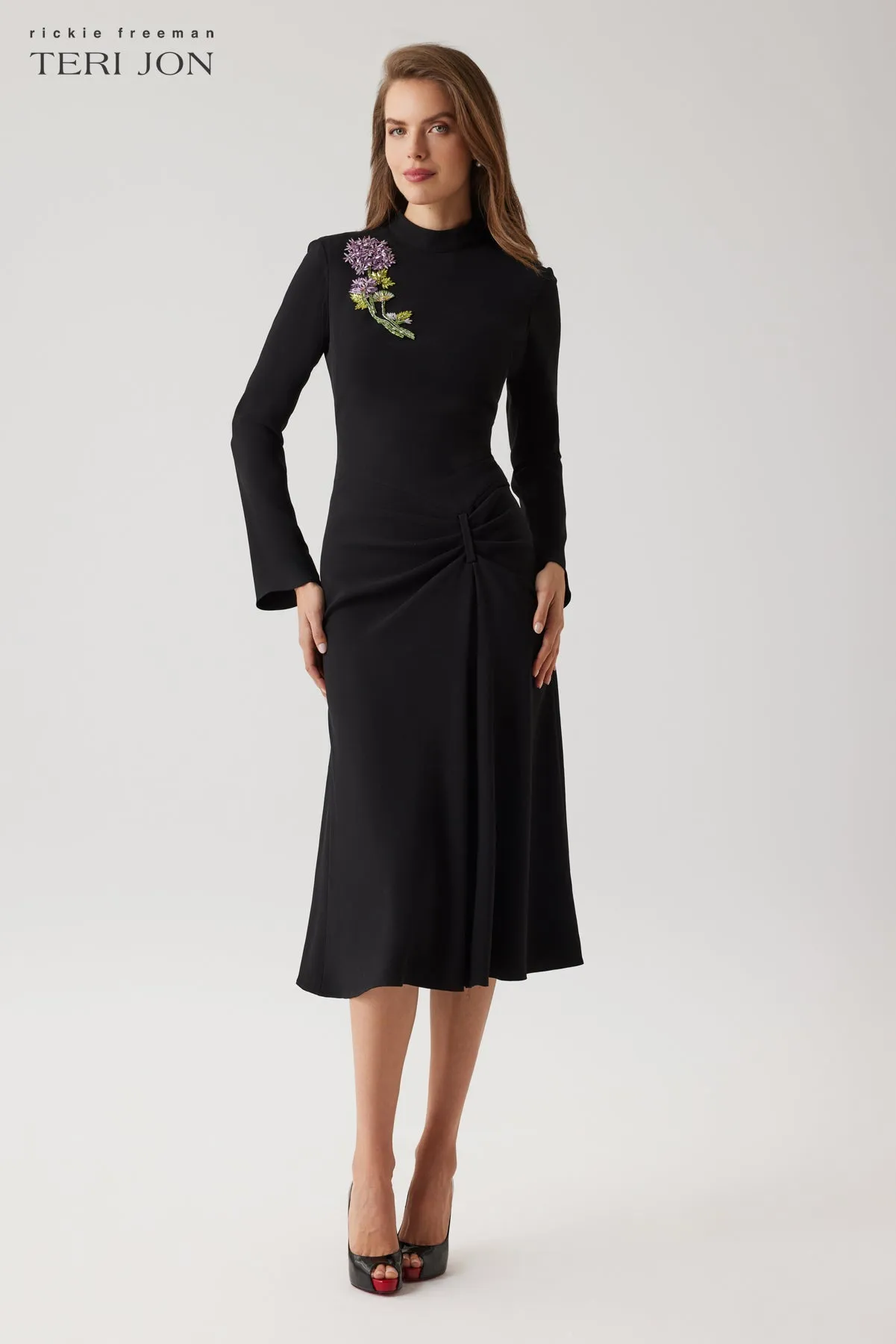 Crepe Flower Embellished Mock Neck Dress sold by Teri Jon