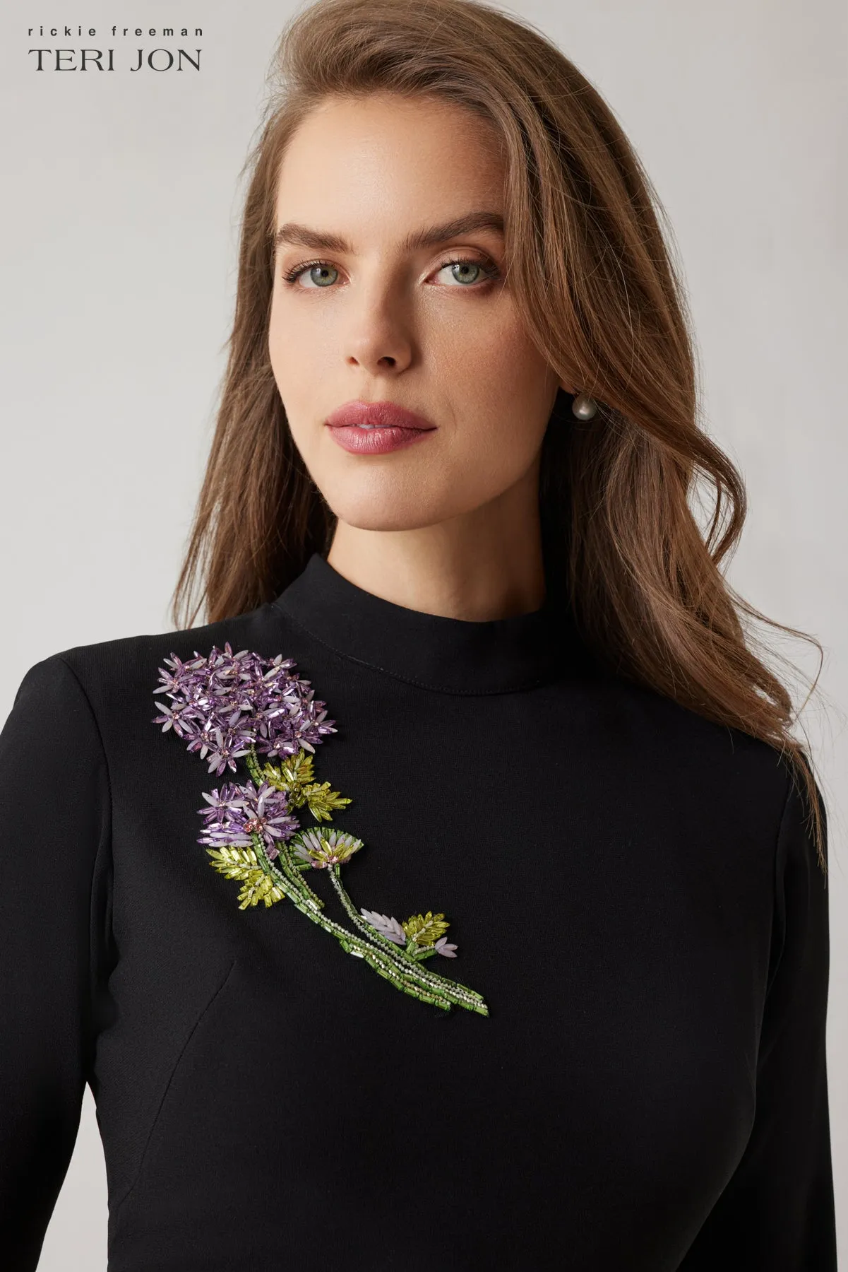 Crepe Flower Embellished Mock Neck Dress sold by Teri Jon product image thumbnail 3