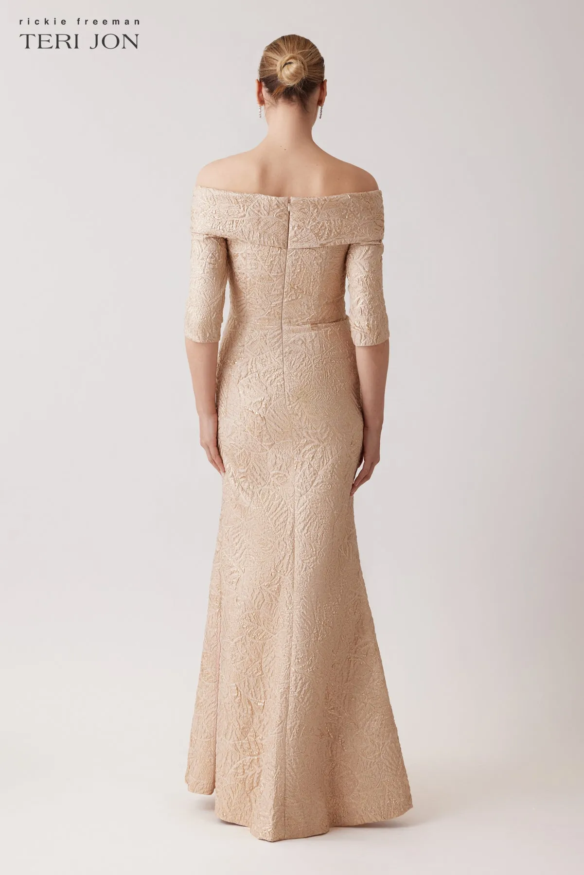 Metallic Jacquard Portrait Collar Elbow Sleeve Gown sold by Teri Jon product image thumbnail 3