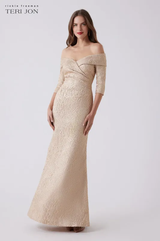 Metallic Jacquard Portrait Collar Elbow Sleeve Gown sold by Teri Jon
