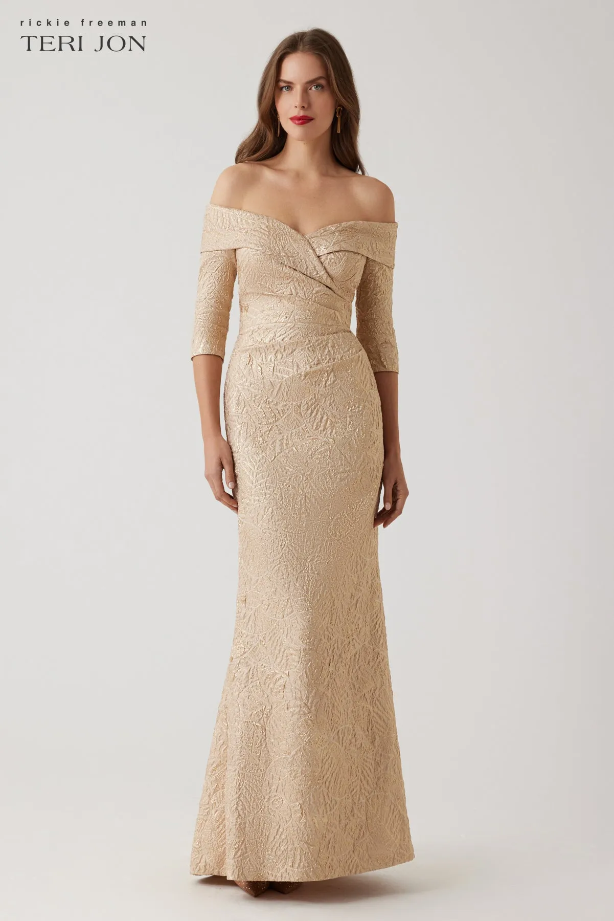 Metallic Jacquard Portrait Collar Elbow Sleeve Gown sold by Teri Jon product image thumbnail 2