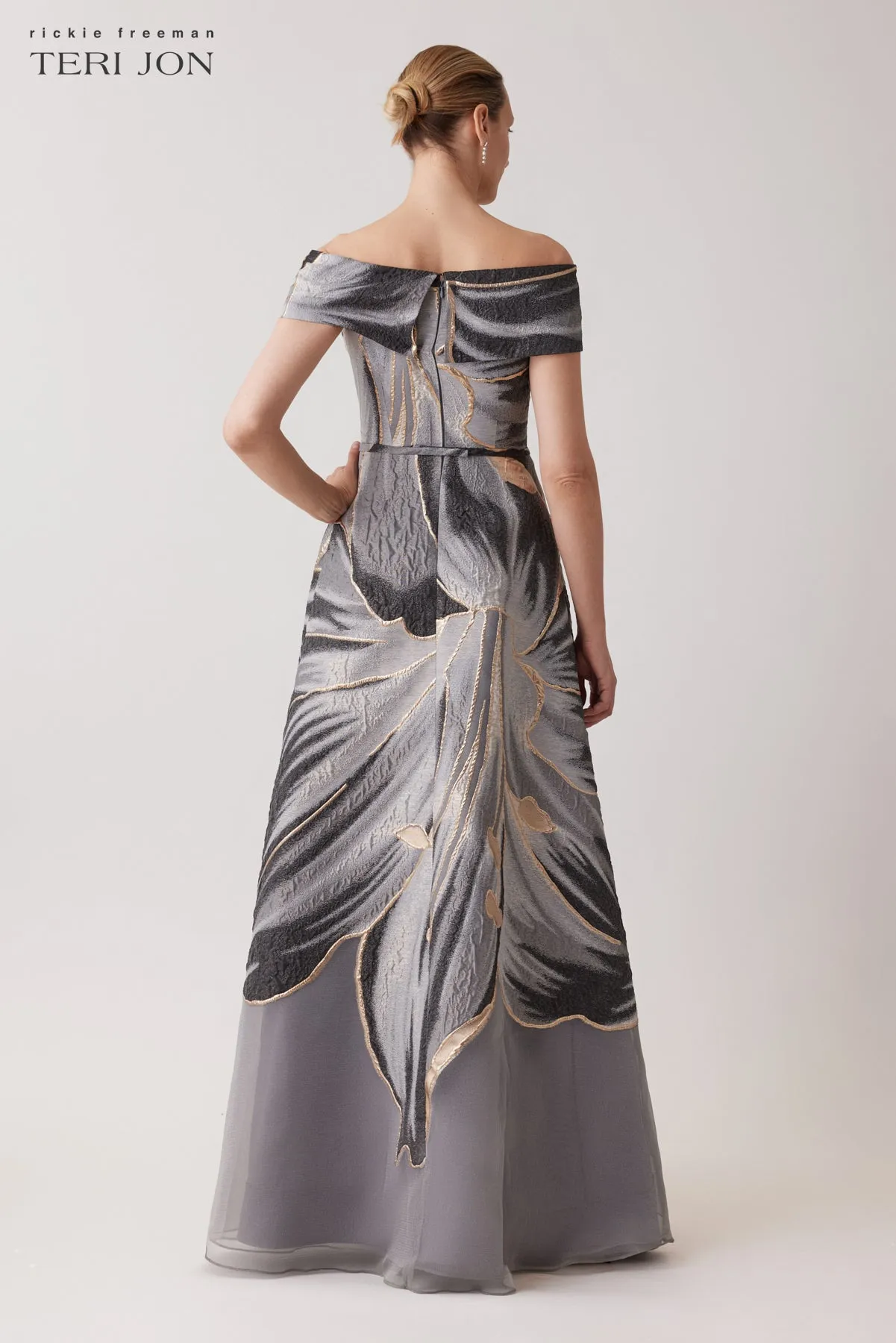Metallic Jacquard Off The Shoulder A Line Floral Gown sold by Teri Jon product image thumbnail 3