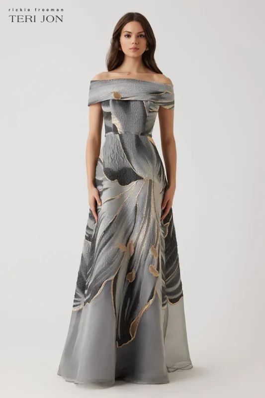 Metallic Jacquard Off The Shoulder A Line Floral Gown sold by Teri Jon
