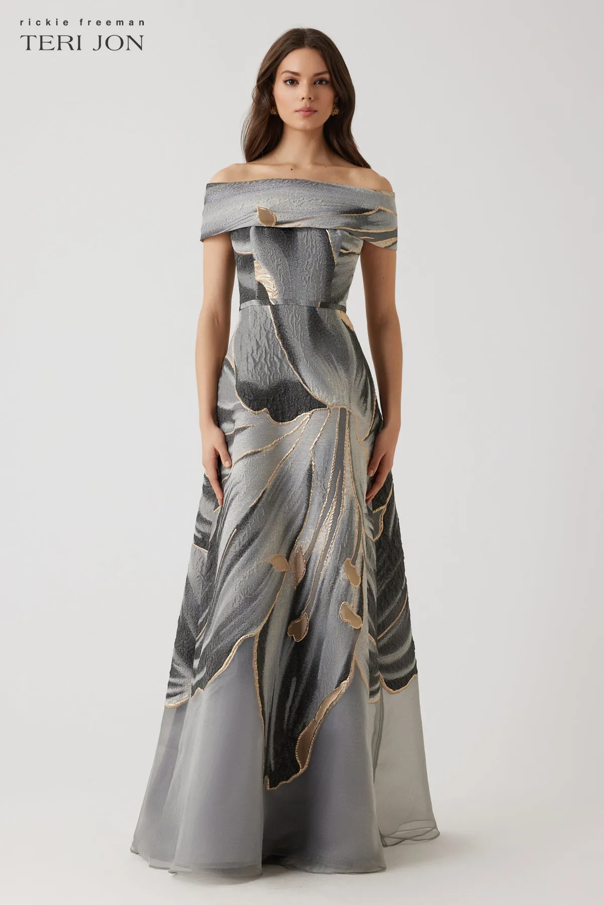 Metallic Jacquard Off The Shoulder A Line Floral Gown sold by Teri Jon