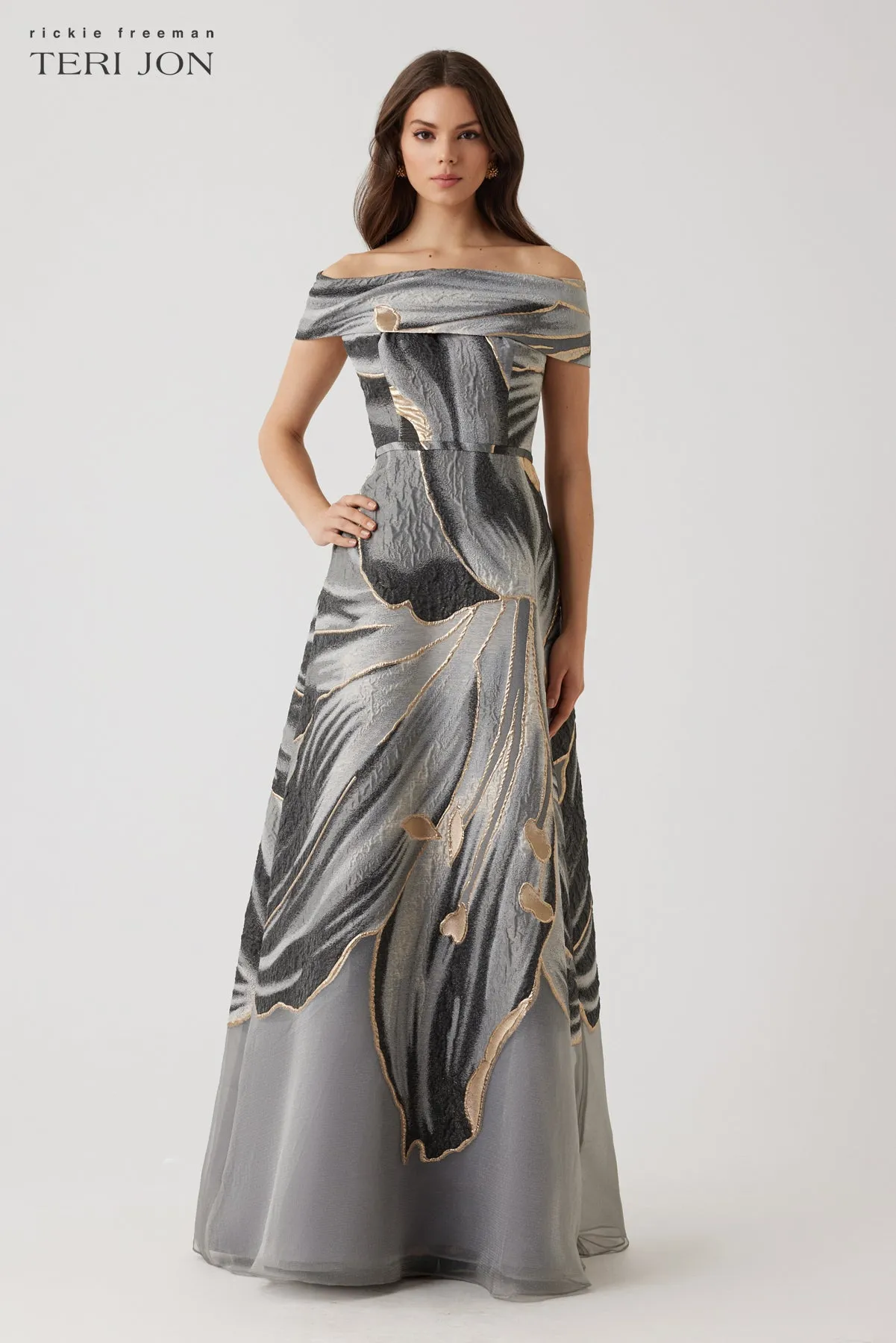 Metallic Jacquard Off The Shoulder A Line Floral Gown sold by Teri Jon product image thumbnail 2