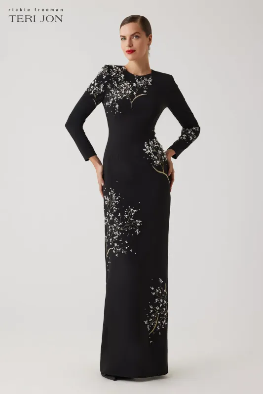 Crepe Floral Pearl Applique Gown sold by Teri Jon