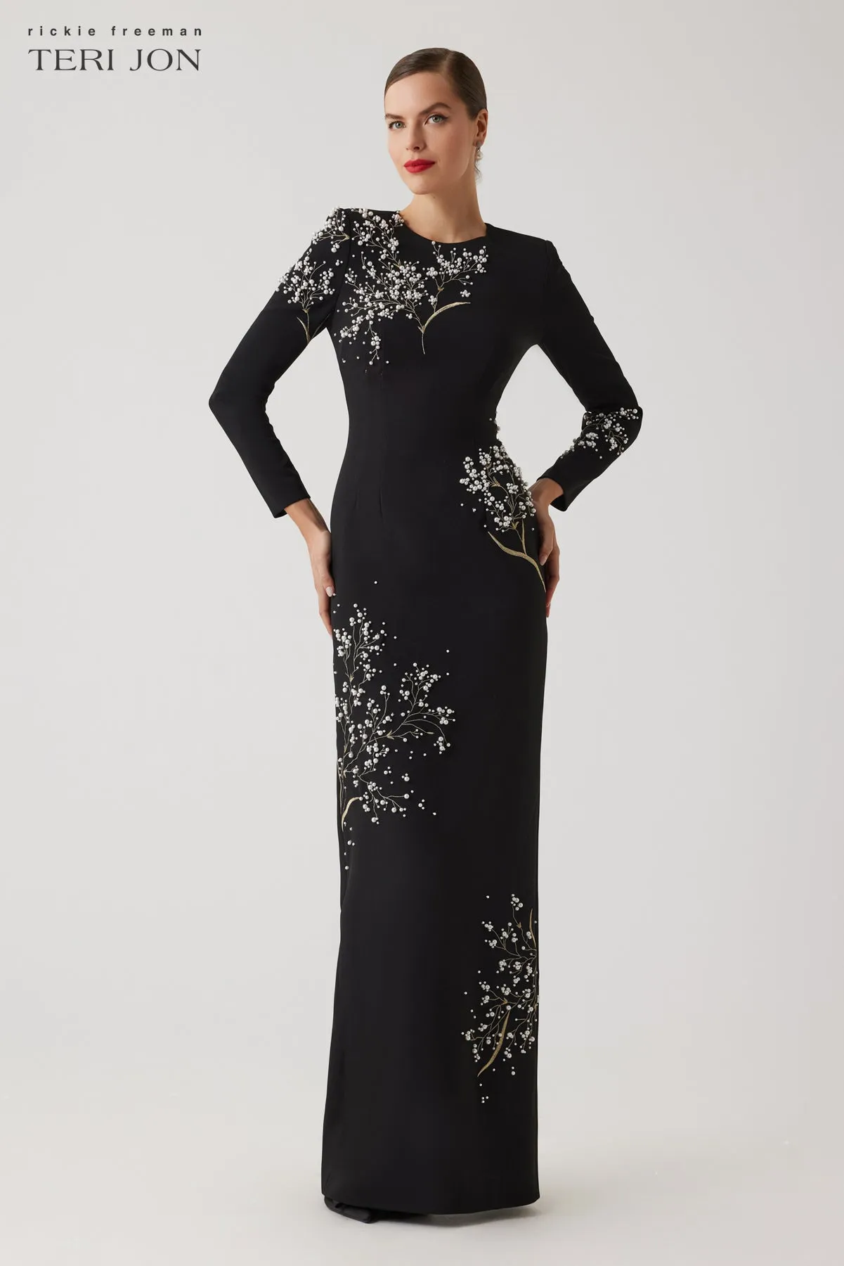 Crepe Floral Pearl Applique Gown sold by Teri Jon