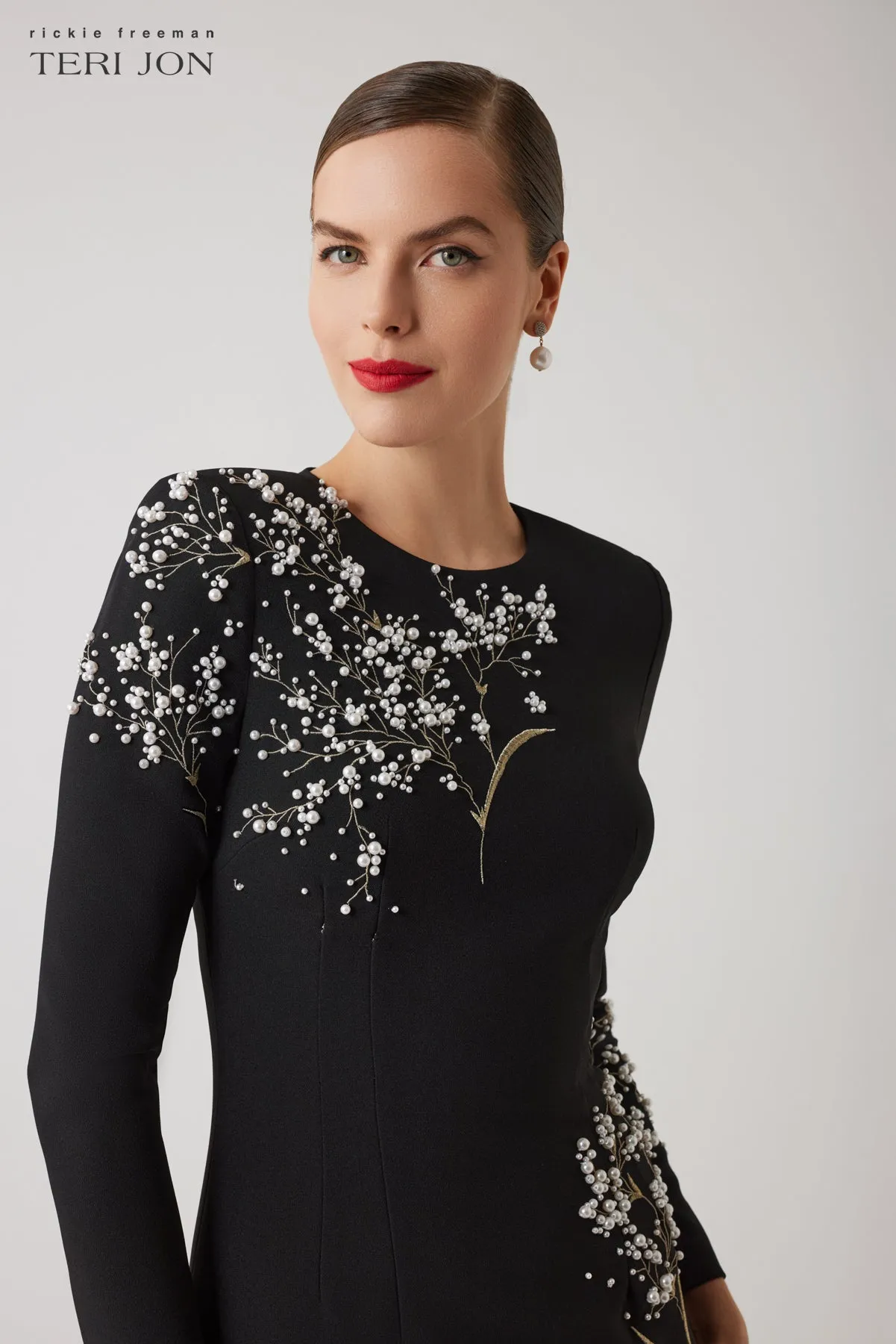 Crepe Floral Pearl Applique Gown sold by Teri Jon product image thumbnail 3