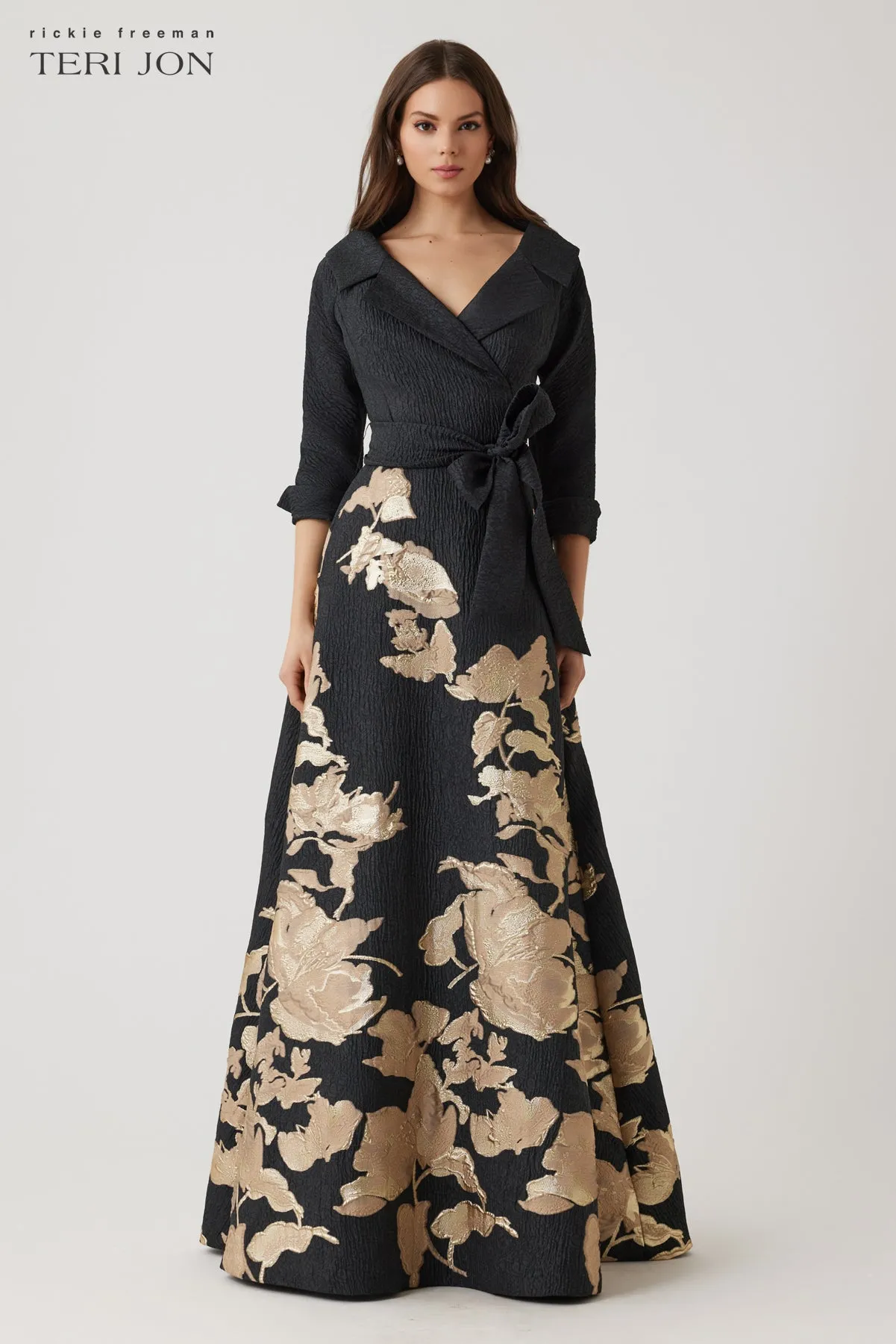 Metallic Jacquard Floral Shirtdress Gown sold by Teri Jon product image thumbnail 2