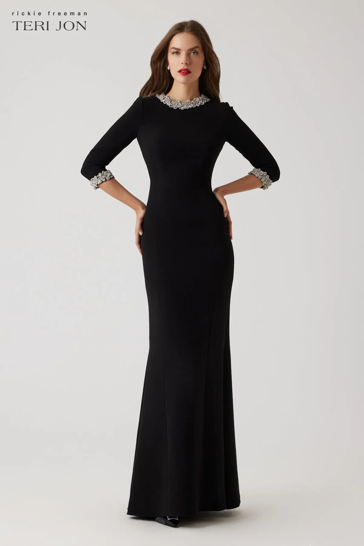 Crepe Elbow Sleeve Jewel Trim Gown sold by Teri Jon product image thumbnail 2