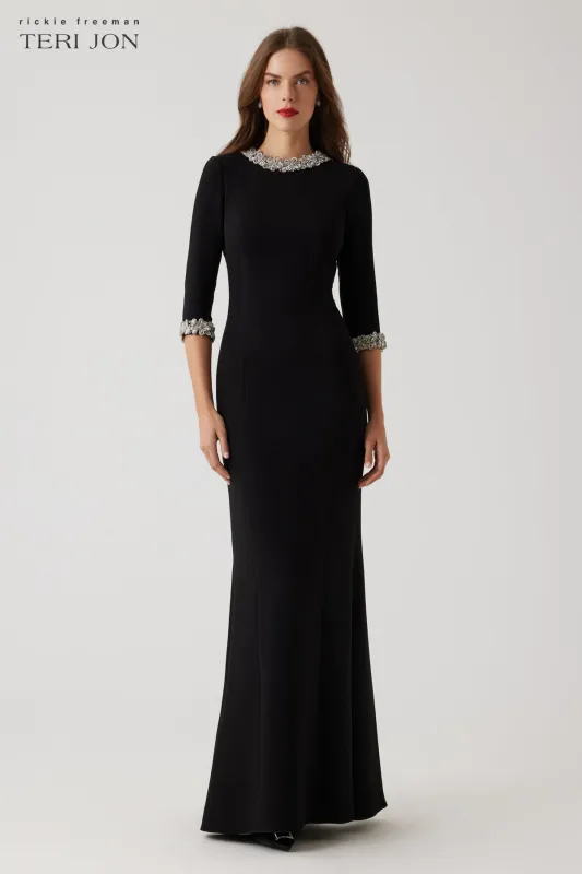 Crepe Elbow Sleeve Jewel Trim Gown sold by Teri Jon