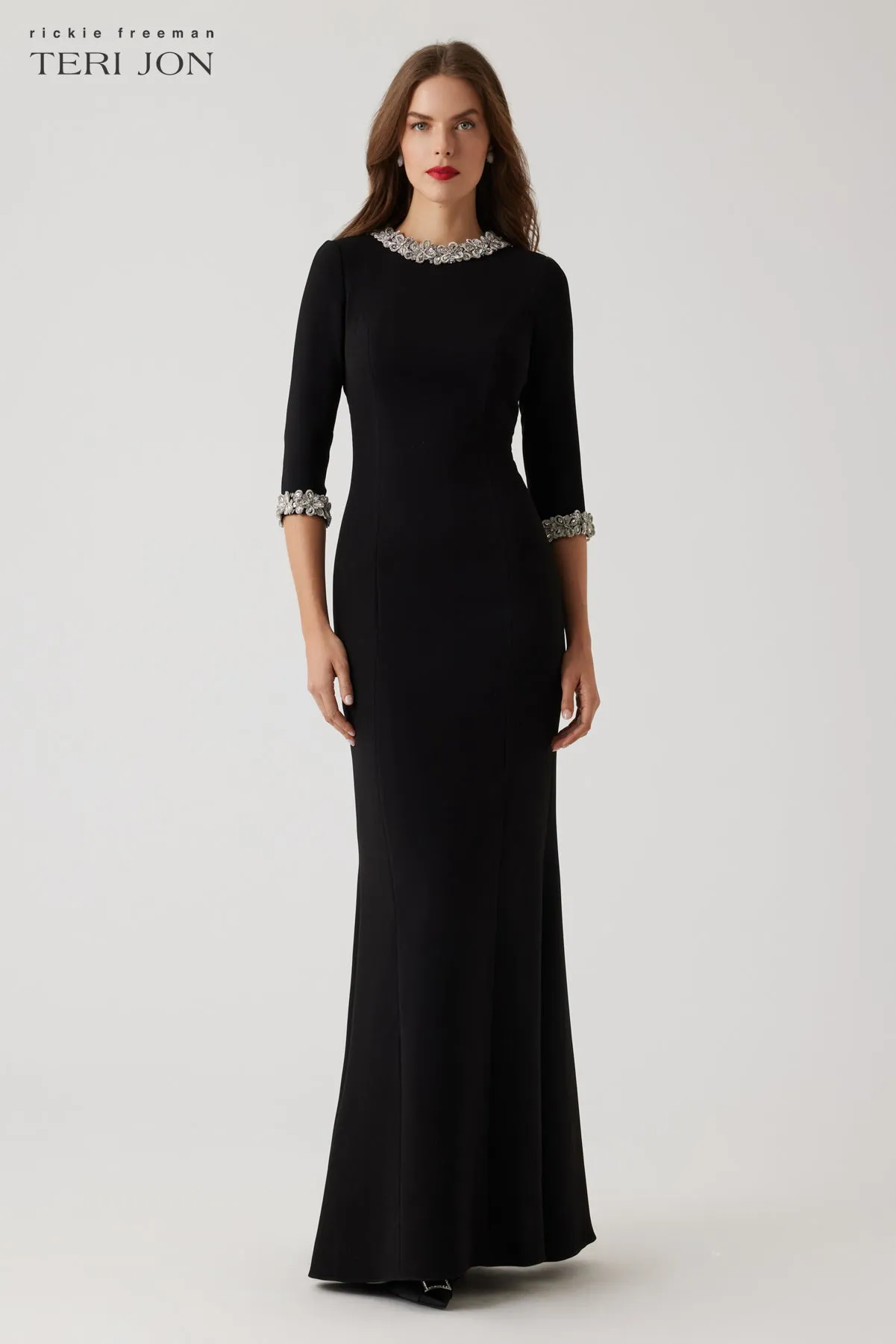 Crepe Elbow Sleeve Jewel Trim Gown sold by Teri Jon