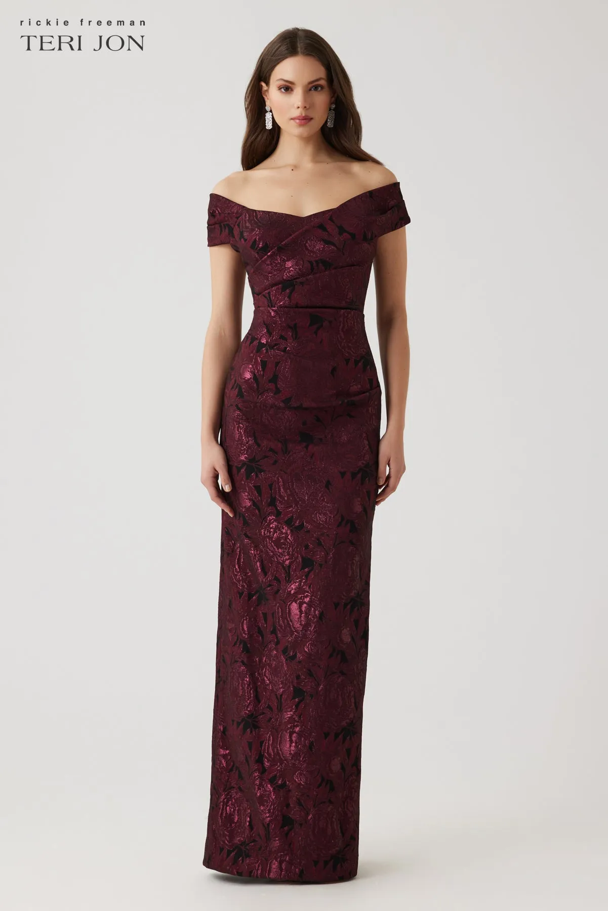 Floral Stretch Jacquard Off The Shoulder Ruched Gown sold by Teri Jon product image thumbnail 2