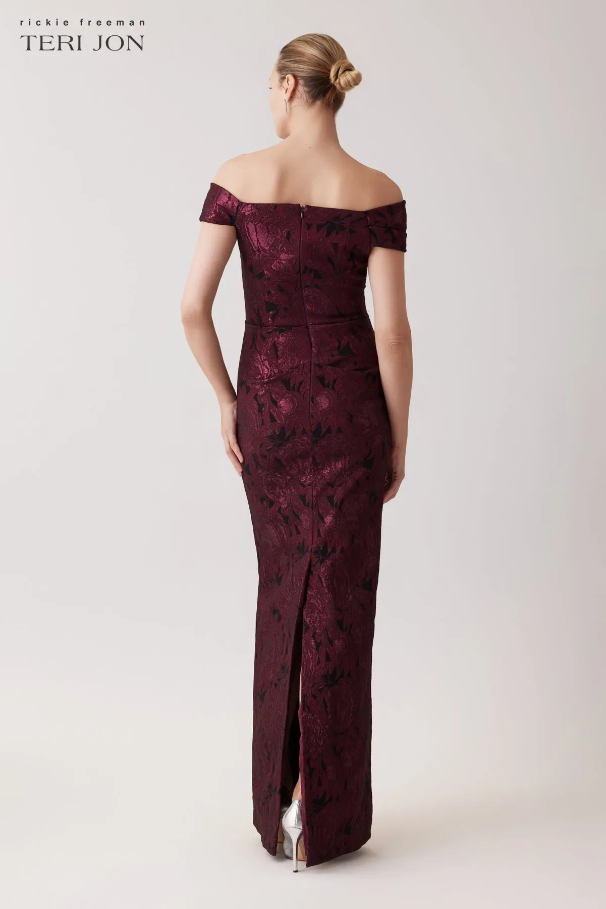 Floral Stretch Jacquard Off The Shoulder Ruched Gown sold by Teri Jon product image thumbnail 3