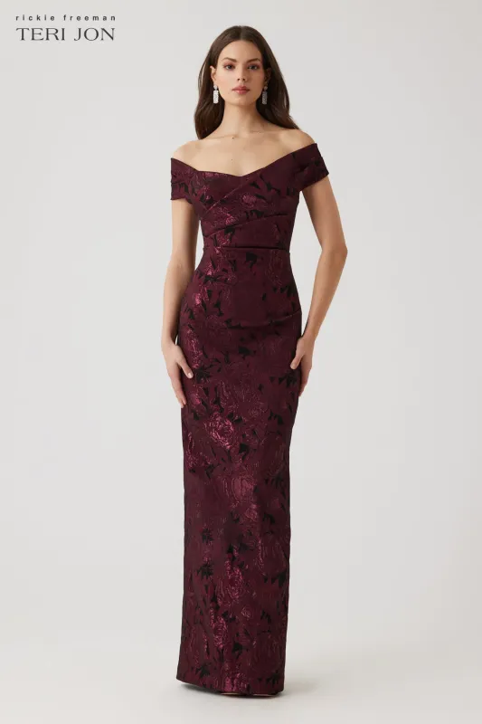 Floral Stretch Jacquard Off The Shoulder Ruched Gown sold by Teri Jon