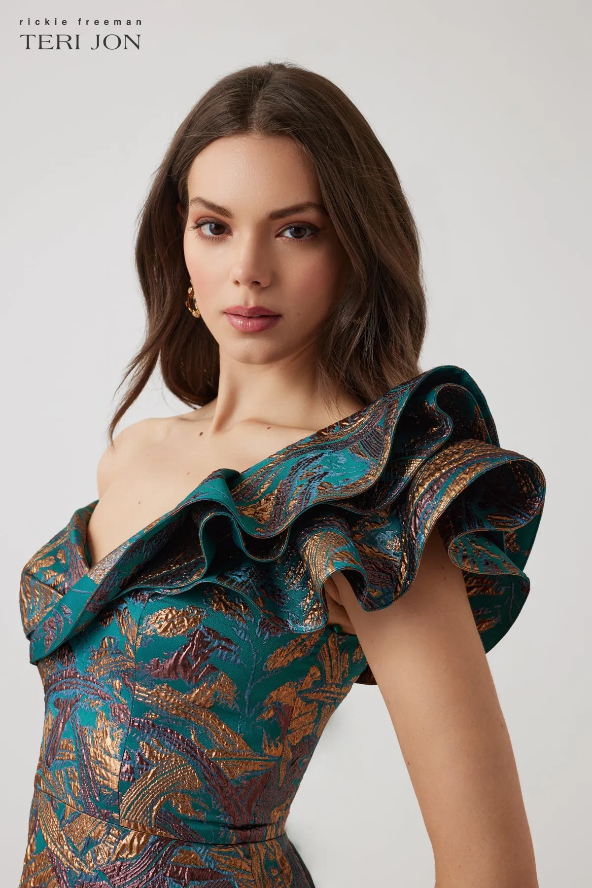Metallic Jacquard Asymmetrical Ruffle Shoulder Gown sold by Teri Jon product image thumbnail 2